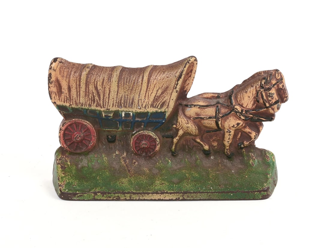 HUBLEY COVERED WAGON DOORSTOP.: 3.5 x 6.25 inches.