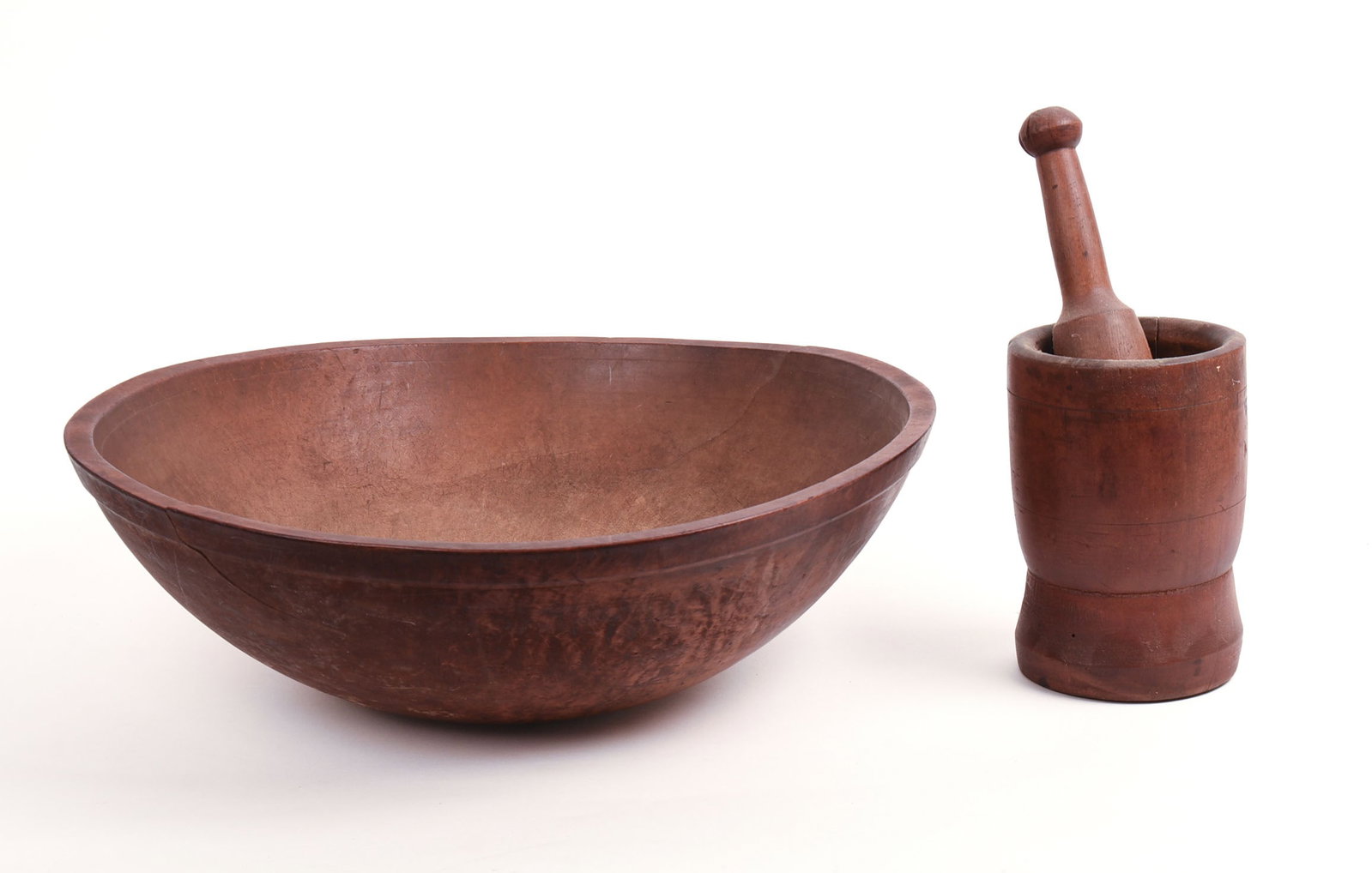 ANTIQUE MORTAR AND PESTLE, AND BURLWOOD BOWL. (1 of 9)