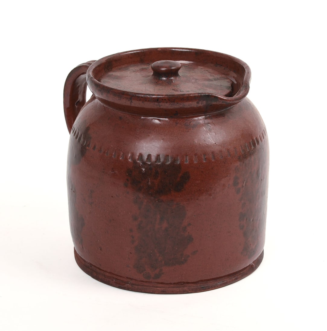 REDWARE BATTER PITCHER.: Height 6.5 inches. One small rim chip.