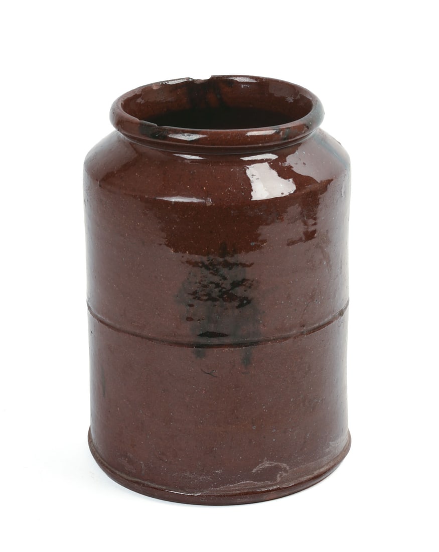 CT REDWARE JAR WITH BLACK SPLOTCH DECORATION.: Height 7.5 inches.