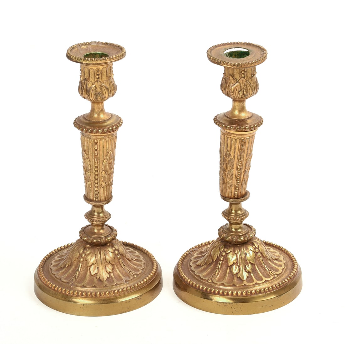 A PAIR OF FRENCH EMPIRE-STYLE GILT BRASS CANDLESTICKS. (1 of 3)