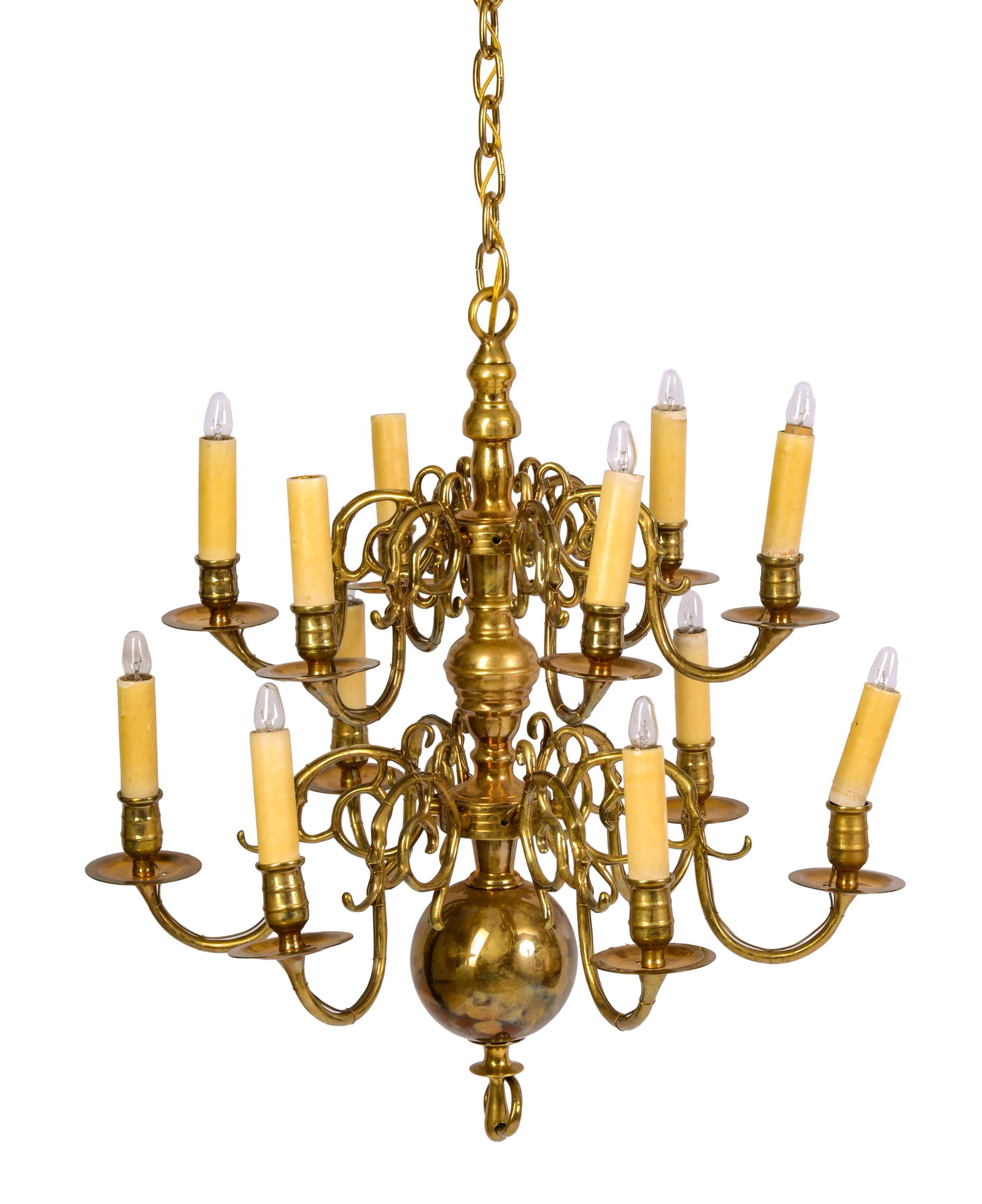 18TH CENTURY DUTCH BRASS TWELVE-LIGHT CHANDELIER.: Height 26 inches, diameter 25 inches. Wired for electricity.
