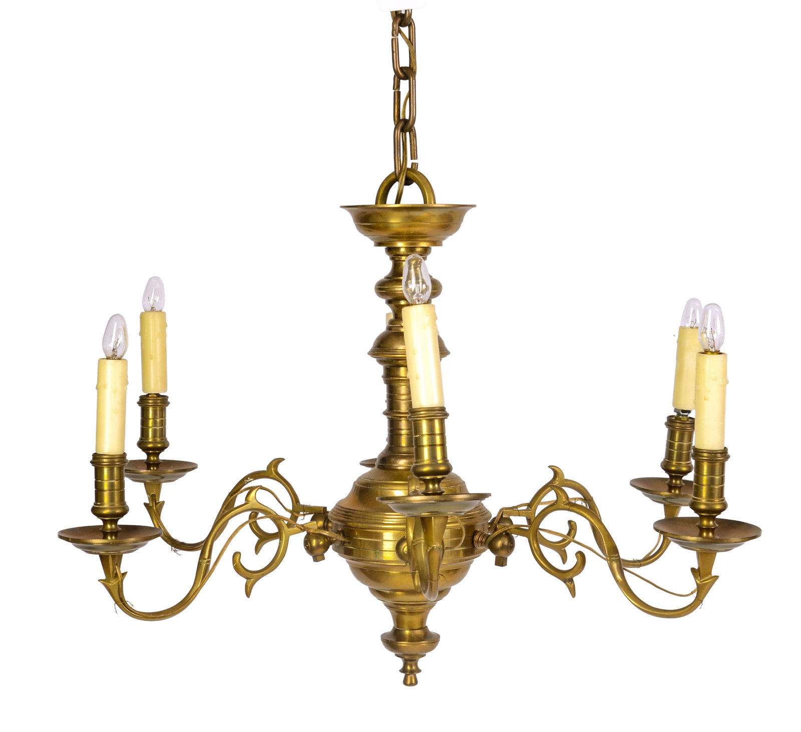 18TH CENTURY DUTCH BRASS SIX-LIGHT CHANDELIER.: Height 17 inches, diameter 25 inches. Wired for electricity.