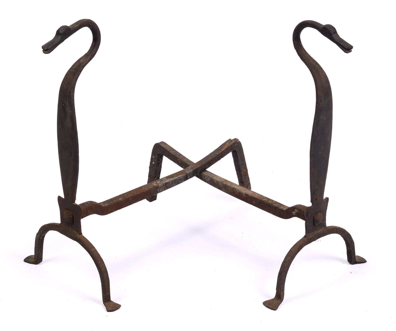 PAIR OF 18TH-CENTURY WROUGHT IRON ANDIRONS.: In the form of geese, button feet, and knife-blade style. Height 19.5 inches, width 9 inches, depth 17 inches.