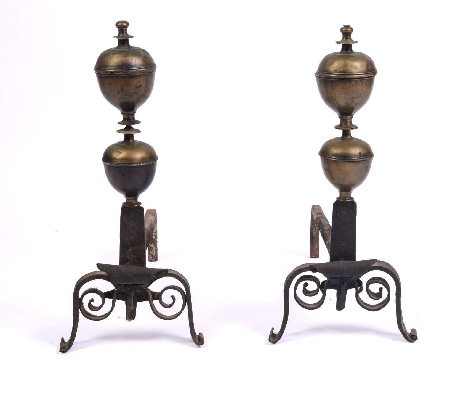 PAIR OF 18TH CENTURY BRASS AND WROUGHT IRON ANDIRONS.: Height 21 inches, depth 20 inches.