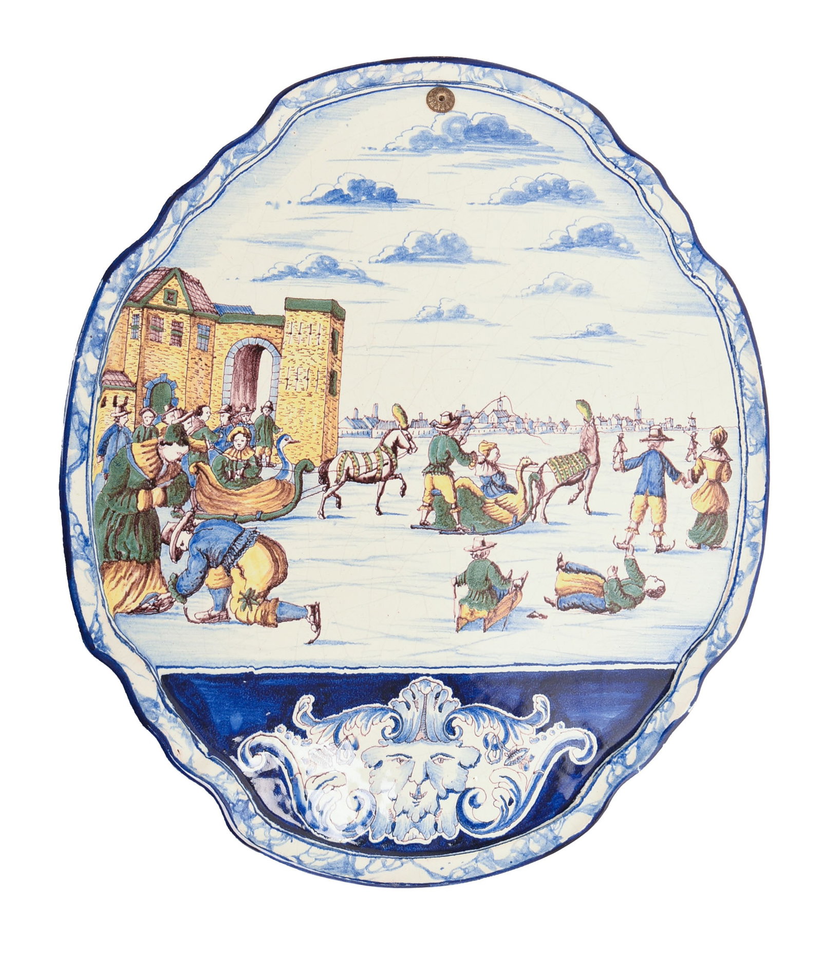 LARGE DELFT PLAQUE WITH SKATING SCENE.: Marked 1745 on verso. Provenance: The Collection of Dr. S. Weir Mitchell. Exhibited: The Pennsylvania Museum (Memorial Hall). 22.25 x 18.5 inches. Good condition, chip to back, overall crazing.