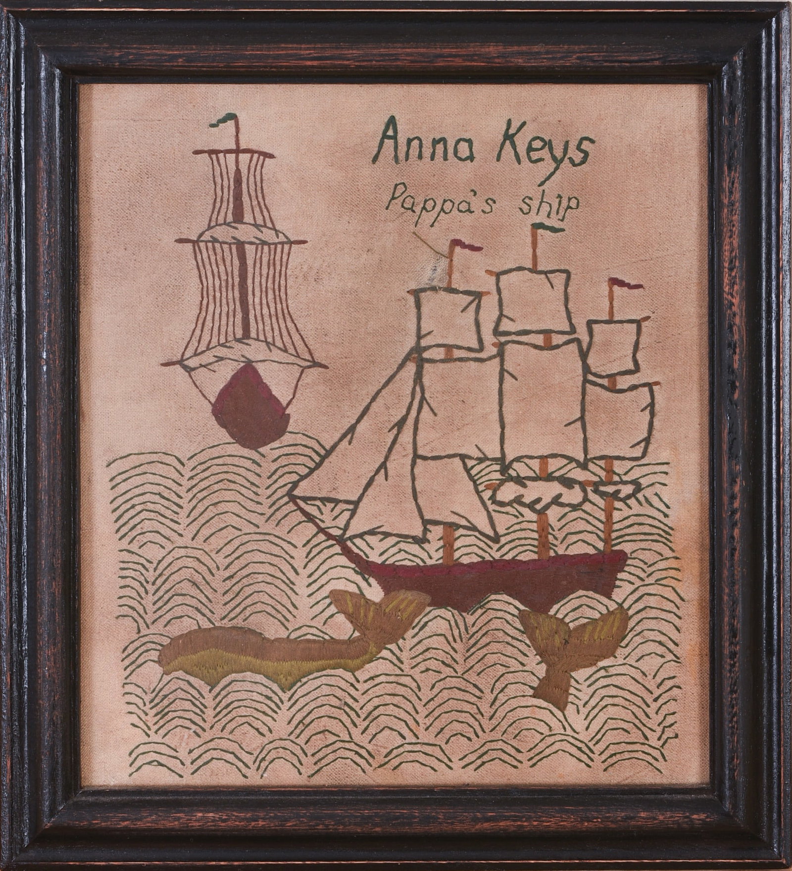FOLK ART STUMPWORK OF A WHALING SHIP.: "Anna Keys, Pappa's ship." 10.75 x 9.5 inches, sight. In a very good state of preservation, slight overall discoloration, no rips or tears noted.