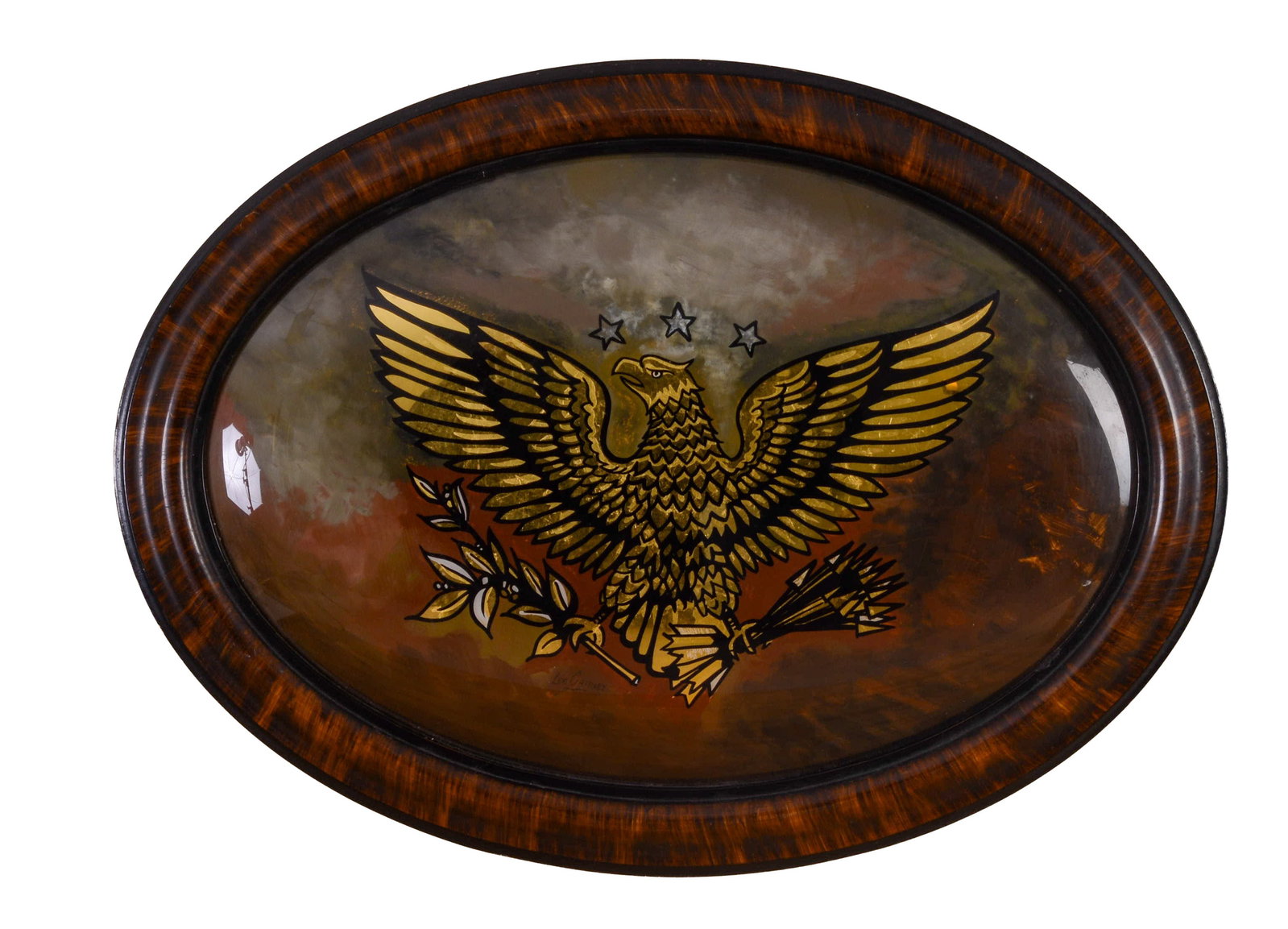 REVERSE PAINTING ON GLASS OF EAGLE.: Convex oval. Frame 17 x 22.5 inches.