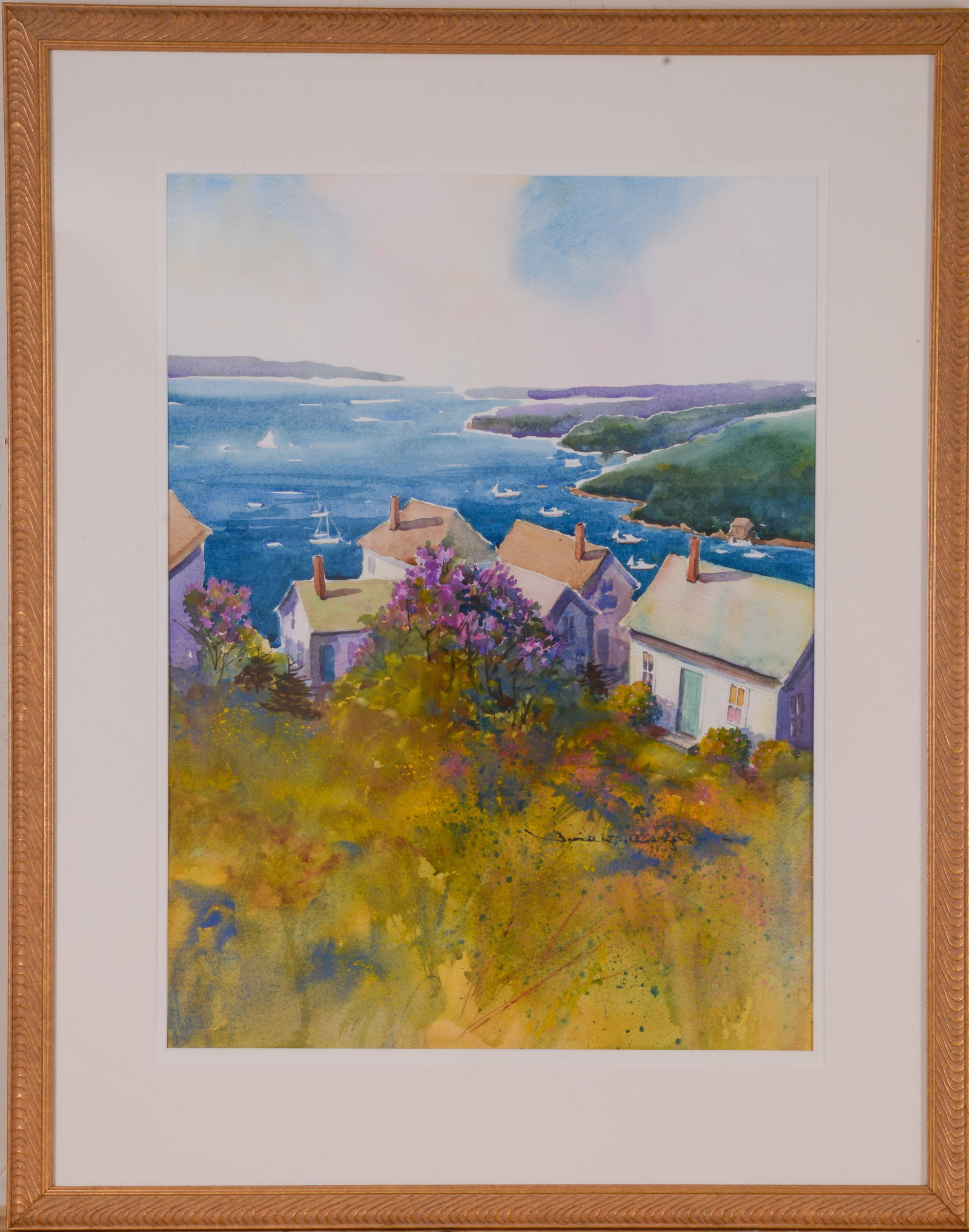 DAVID W. CLOUGH (1931 - 2024). LILAC TIME (STONINGTON, MAINE).: Framed watercolor on paper. Sight 28 x 22 inches. Frame 39 x 32 inches.