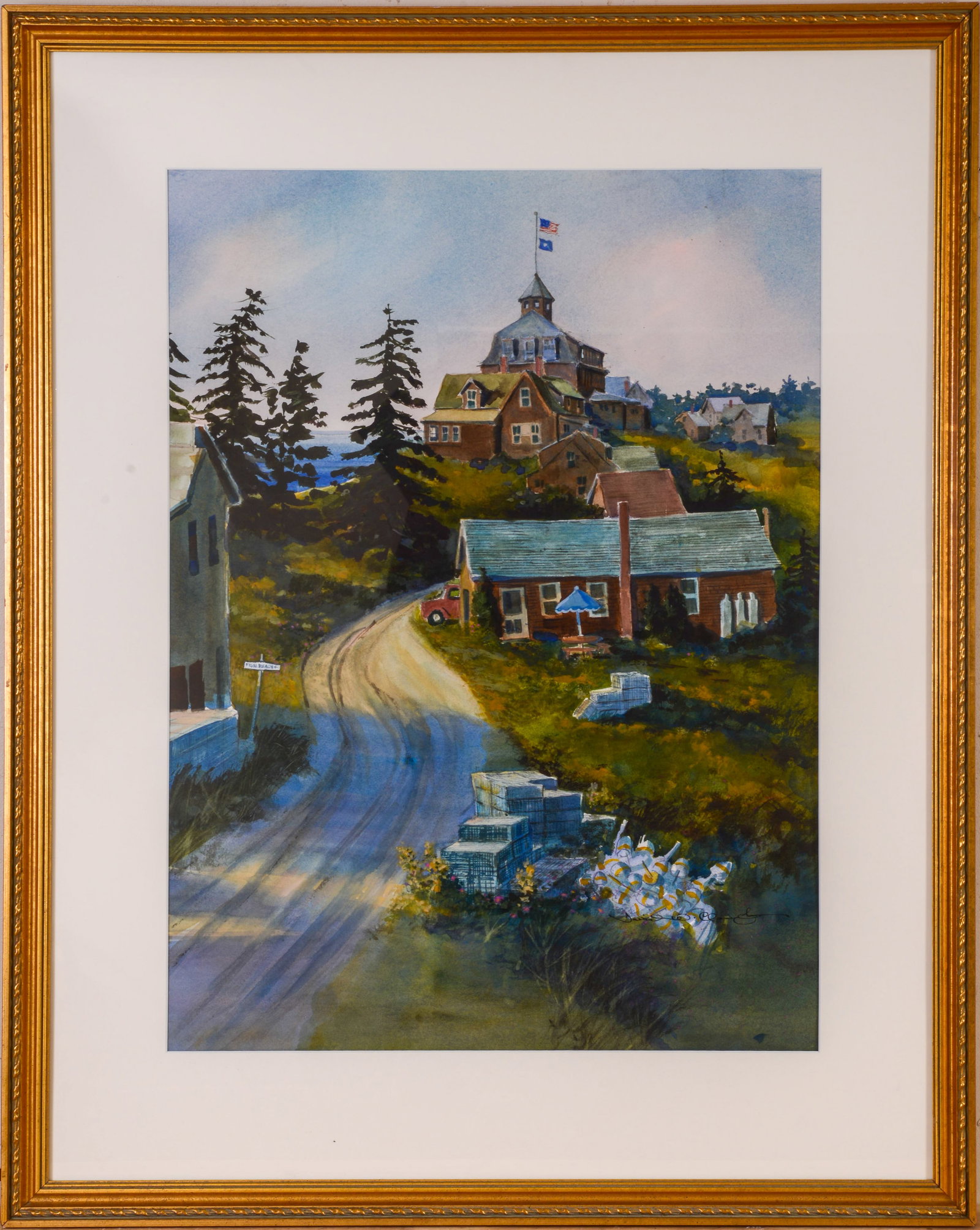 DAVID W. CLOUGH (1931 - 2024). WINDING ROAD (MONHEGAN ISLAND, MAINE): Framed watercolor on paper. Sight 28 x 21 inches. Frame 39 x 32 inches.