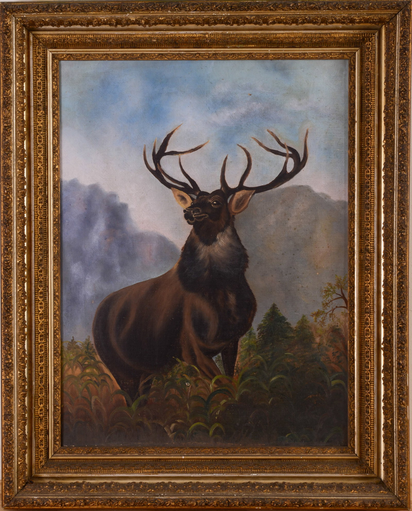 AMERICAN SCHOOL PAINTING OF AN ELK.: Framed early 20th century, oil on canvas. Sight 24 x 18 inches. Period frame 31 x 24.5 inches.