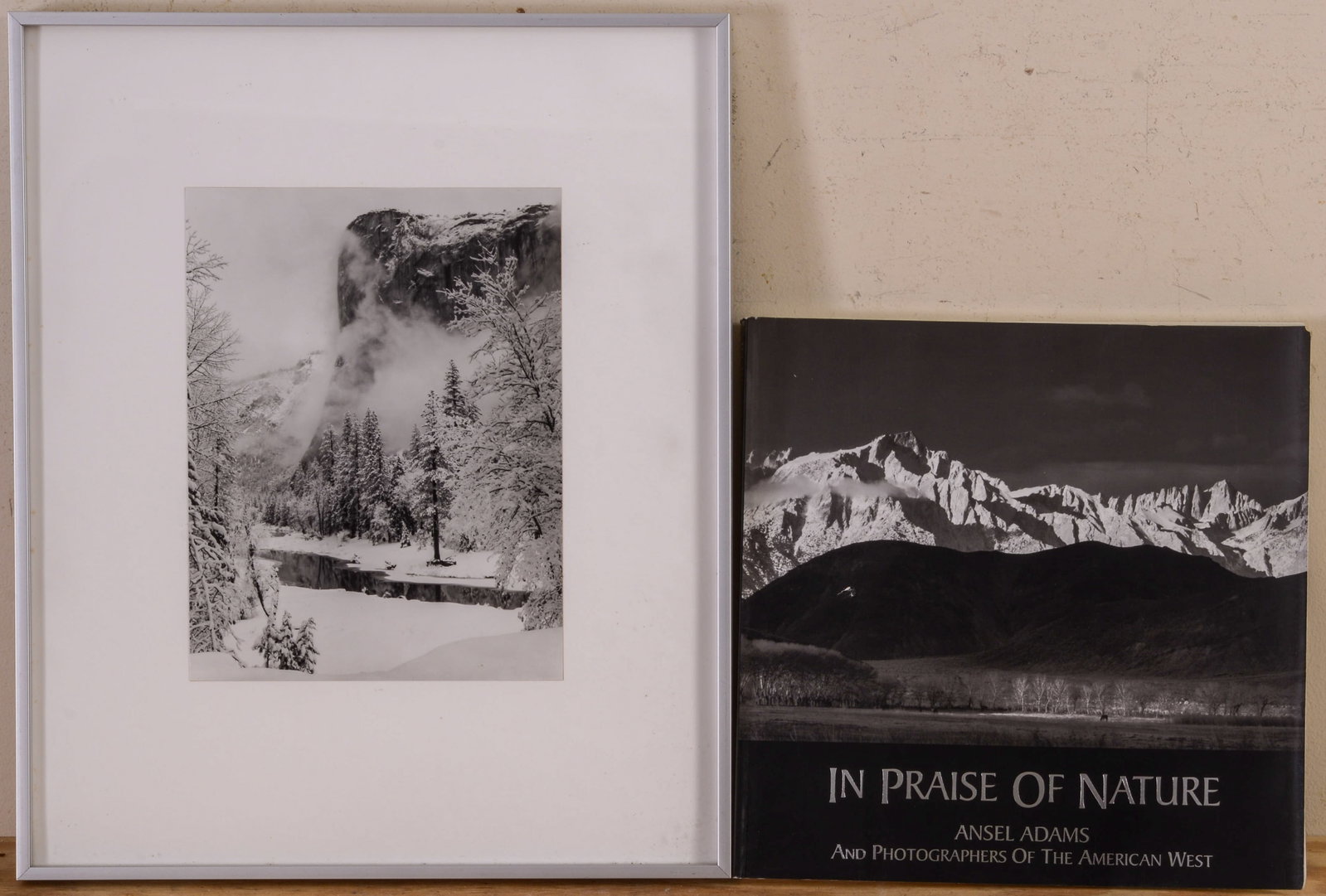ANSEL ADAMS. EL CAPITAN, WINTER.: Framed silver gelatin print, together with a book. Sight 9.5 x 7 inches. Frame 16.5 x 13.5 inches.