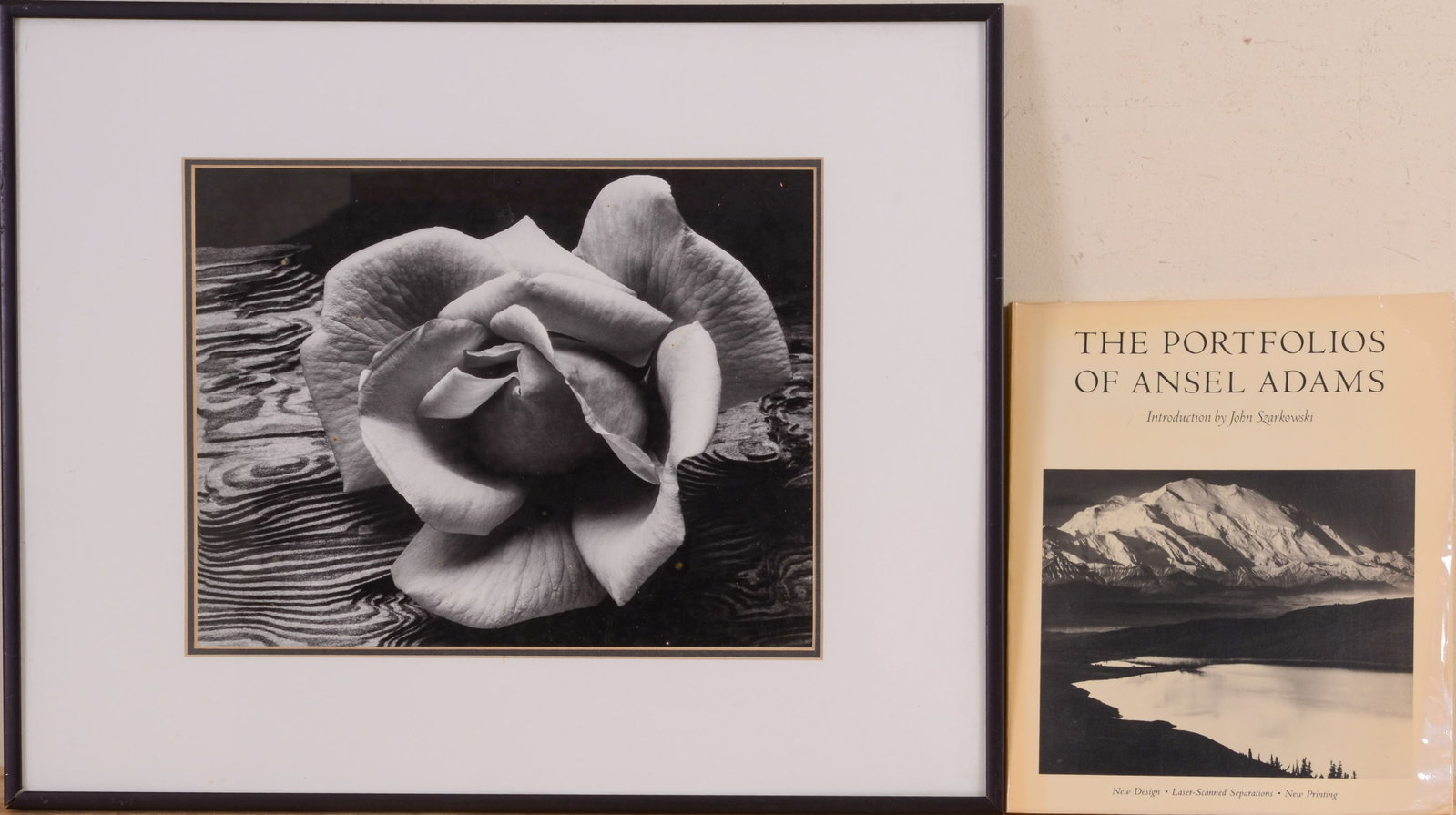 ANSEL ADAMS. ROSE AND DRIFTWOOD.: Framed silver gelatin print, together with a book. Sight 9.5 x 12.5 inches. Frame 16.5 x 20.5 inches. 