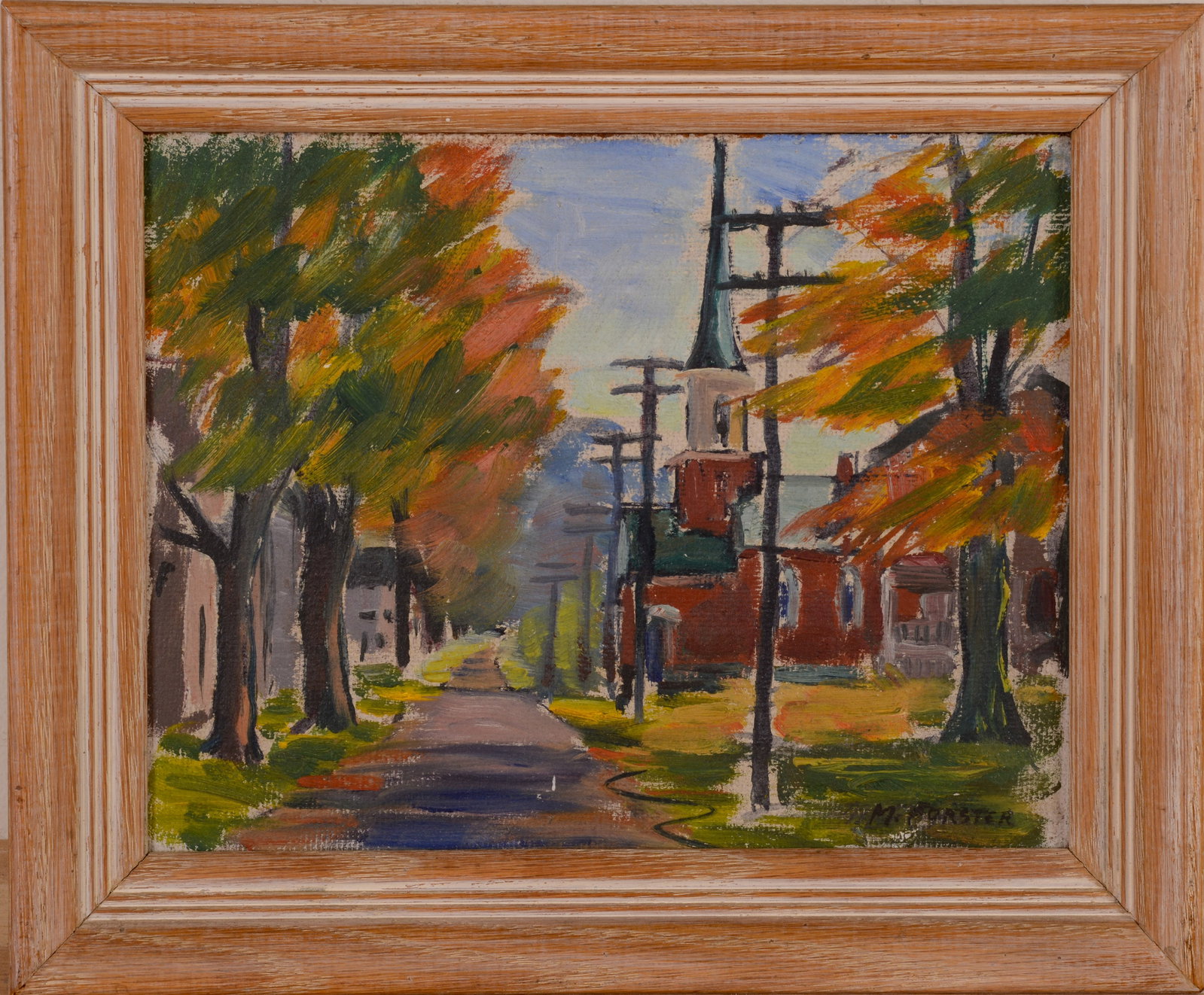 M. FORSTER. CHURCH IN AUTUMN.: Framed oil on board, signed lower right. Sight 8 x 10 inches. 