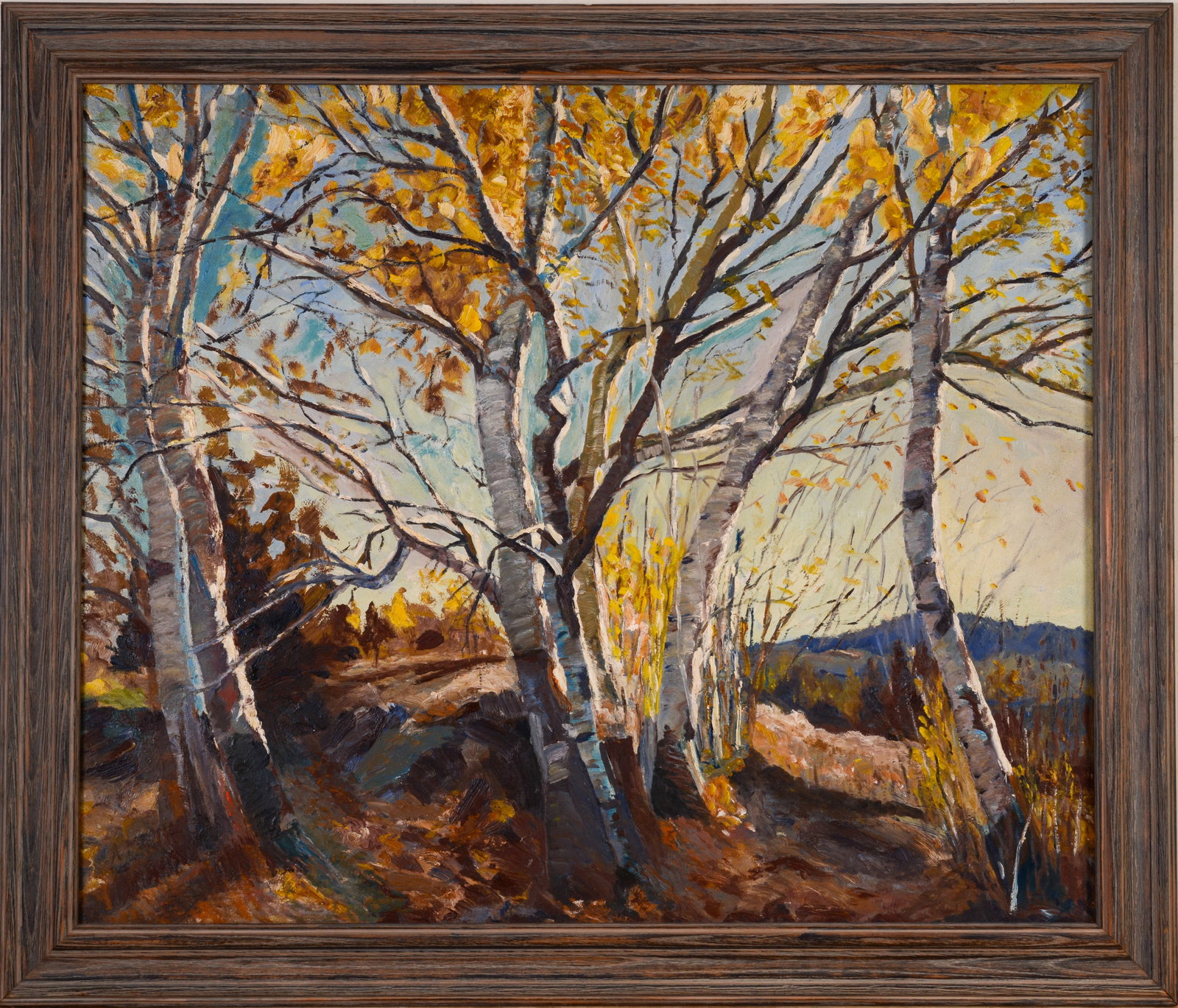 CAPE ANN SCHOOL PAINTING OF BIRCH TREES.: Framed oil on board, signed indistinctly lower left. Sight 30 x 36 inches.