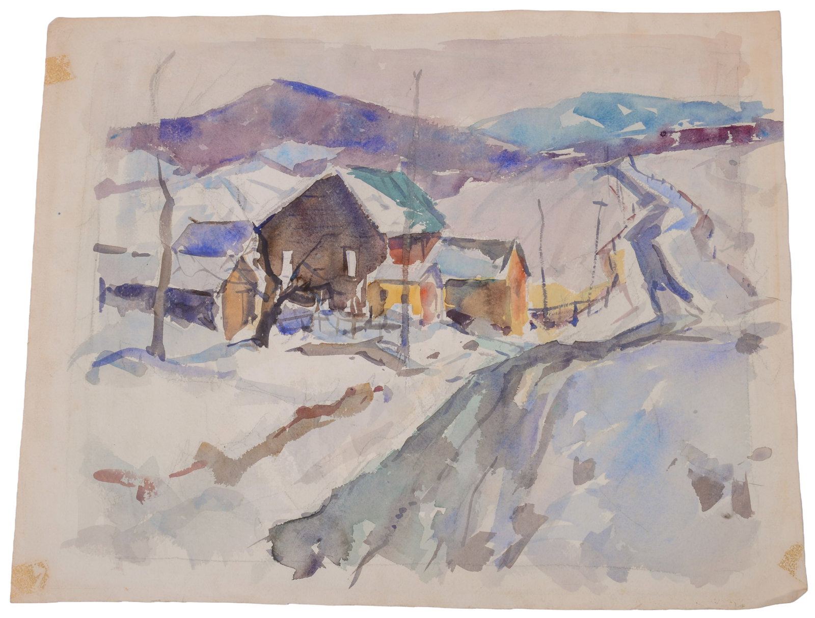 CARL WILLIAM PETERS (1897 - 1980). FARMHOUSE IN WINTER.: Unframed watercolor on paper, estate stamp on verso. 20 x 25 inches.