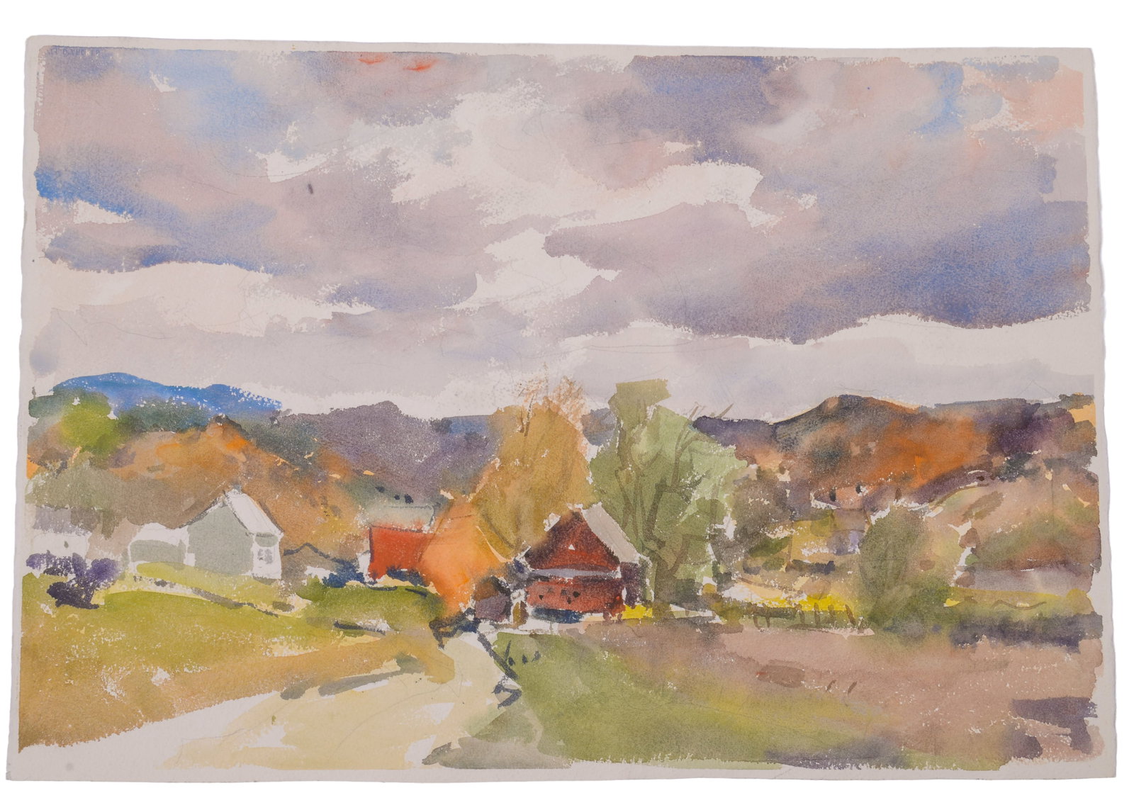 CARL WILLIAM PETERS (1897 - 1980). VILLAGE IN AUTUMN.: Unframed watercolor on paper, estate stamp on verso. 15 x 22 inches.