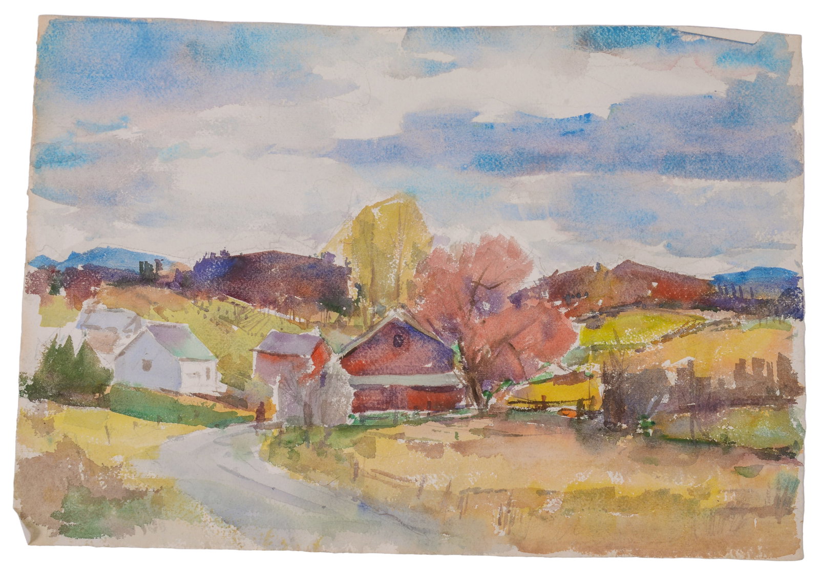CARL WILLIAM PETERS (1897 - 1980). VILLAGE IN AUTUMN.: Unframed watercolor on paper, estate stamp on verso. 15 x 22 inches. 