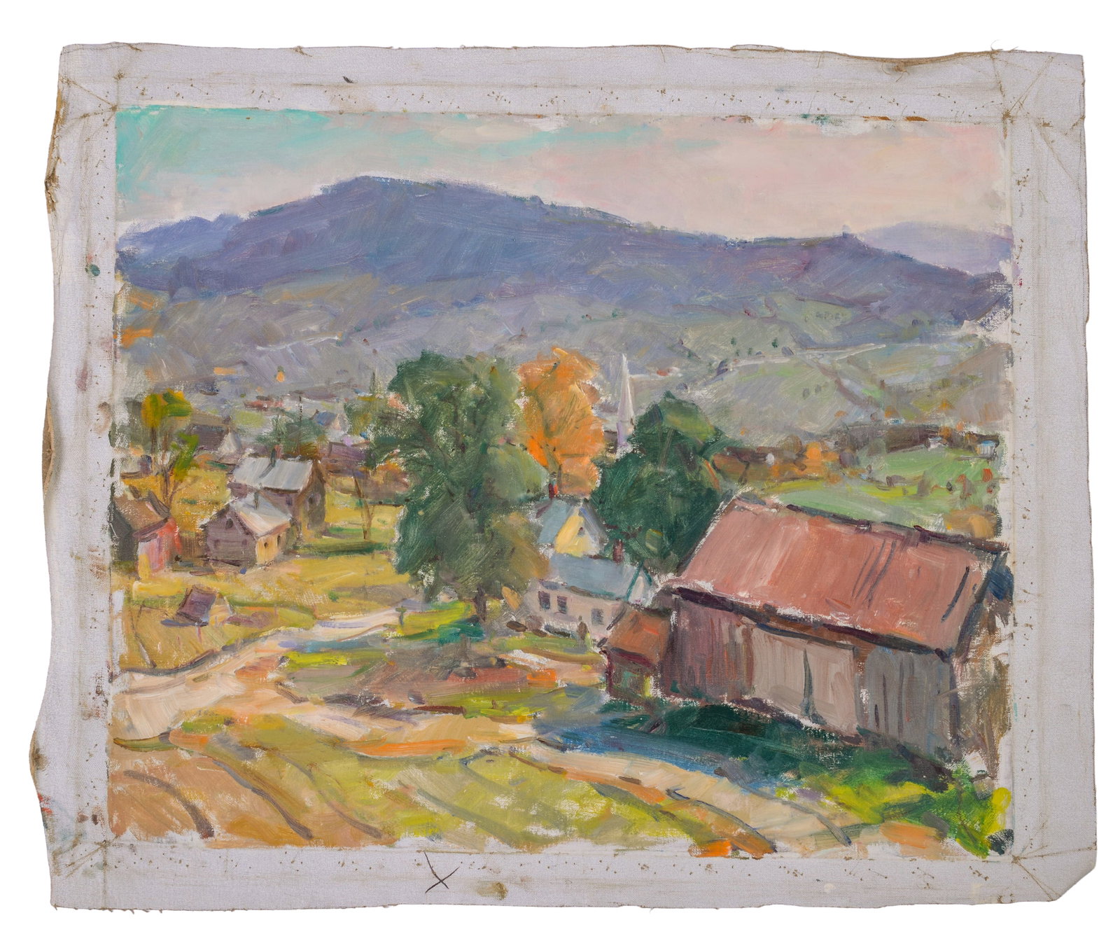 CARL WILLIAM PETERS (1897 - 1980). NEW ENGLAND VILLAGE, AUTUMN.: Unframed oil on canvas, estate stamp on verso. Sight 23 x 28 inches. 