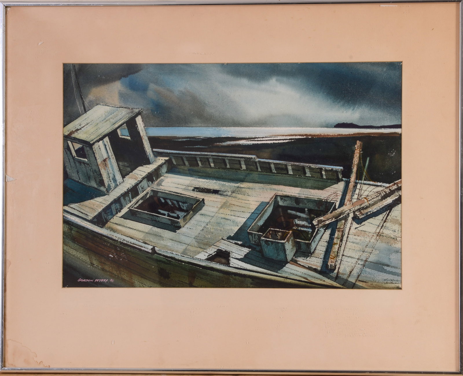 GORDON PETERS (1920 - 2014). DERELICT FISHING BOAT.: Framed watercolor on paper, signed and dated 1967 lower left. Sight 14.5 x 22 inches. Frame 24 x 30 inches.