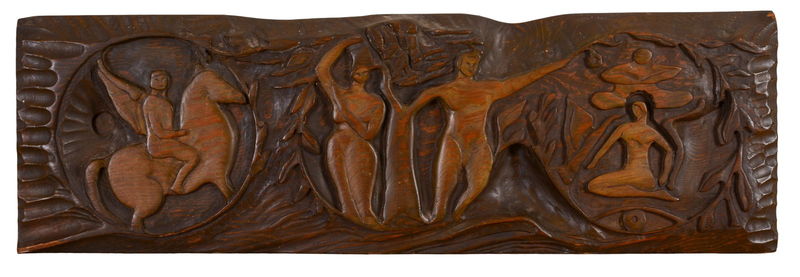 FOLK ART WOOD CARVING WITH ADAM AND EVE.: Circa 1940. 12 x 38 inches.