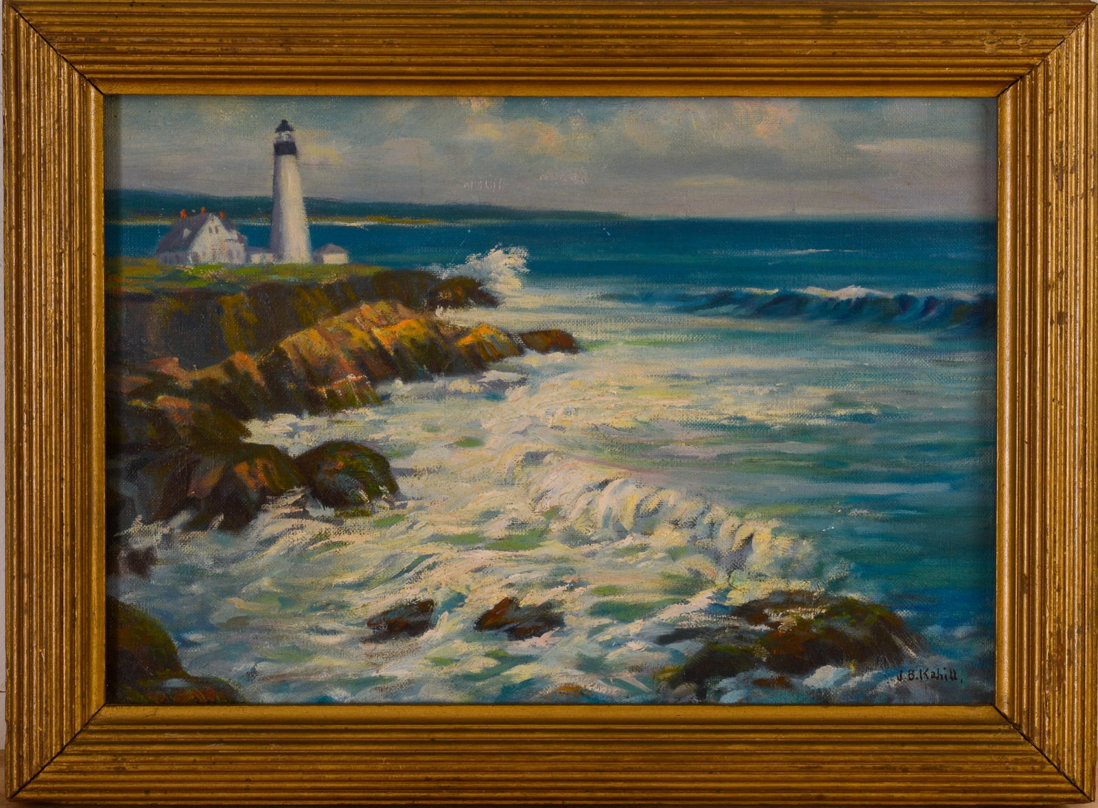 JOSEPH B KAHILL (1882 - 1957). PORTLAND HEADLIGHT.: Framed oil on masonite, signed lower right. Sight 12.75 x 18 inches. Frame 16 x 21 inches.