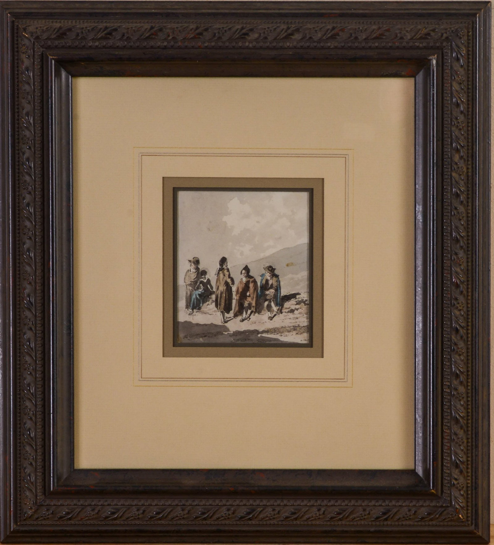 DAVID ALPHONSE BARON SANDOZ-ROLLIN (1740 - 1809). FIVE SPANISH TRAVELERS.: Framed pen and ink with watercolor. Sight 5 x 4.5 inches. Frame 17 x 15 inches. Provenance: WGBH Auction; Peter Wick, former print curator at the MFA and Fogg Art museums in Boston.