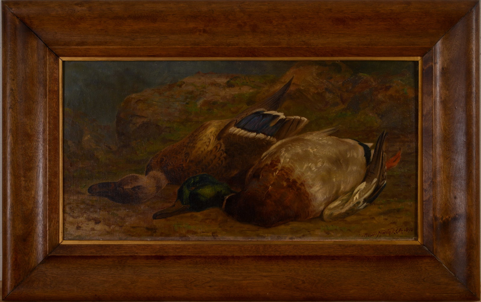 THOMAS MOWER MARTIN (1838 - 1934). TWO DUCKS.: Framed oil on board, signed and dated 1898 lower right. Sight 12.75 x 25.25. Frame 21 x 33.5 inches.