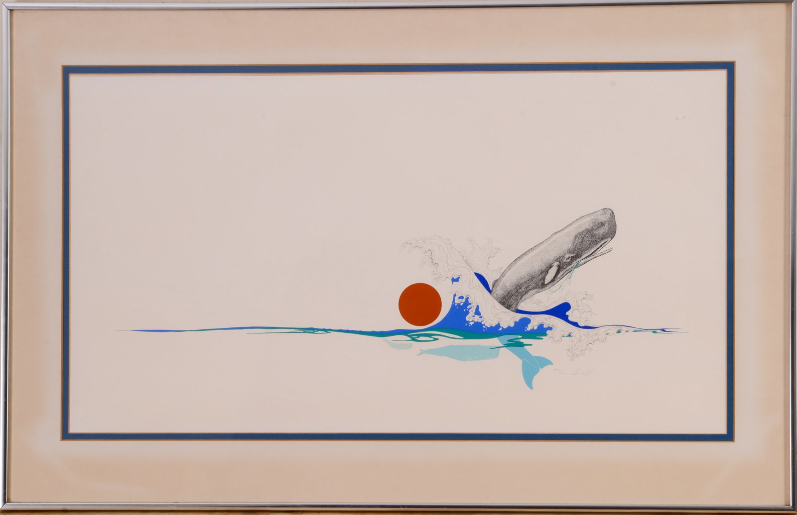 PETER PARNELL SIGNED PRINT WITH WHALE.: Framed, 23 x 36 inches.