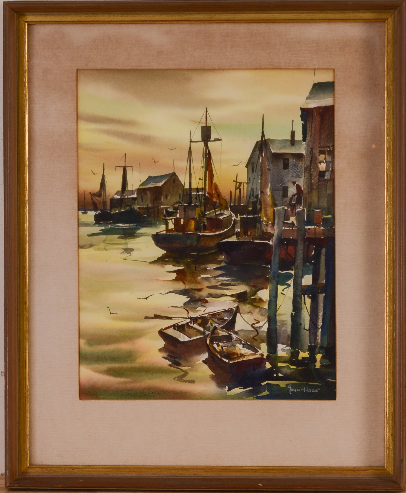 JOHN CUTHBERT HARE (1908 - 1978). GLOUCESTER DOCK SCENE.: Framed watercolor on paper, signed lower right. Sight 16 x 12.5 inches. Frame 24 x 19.5 inches.