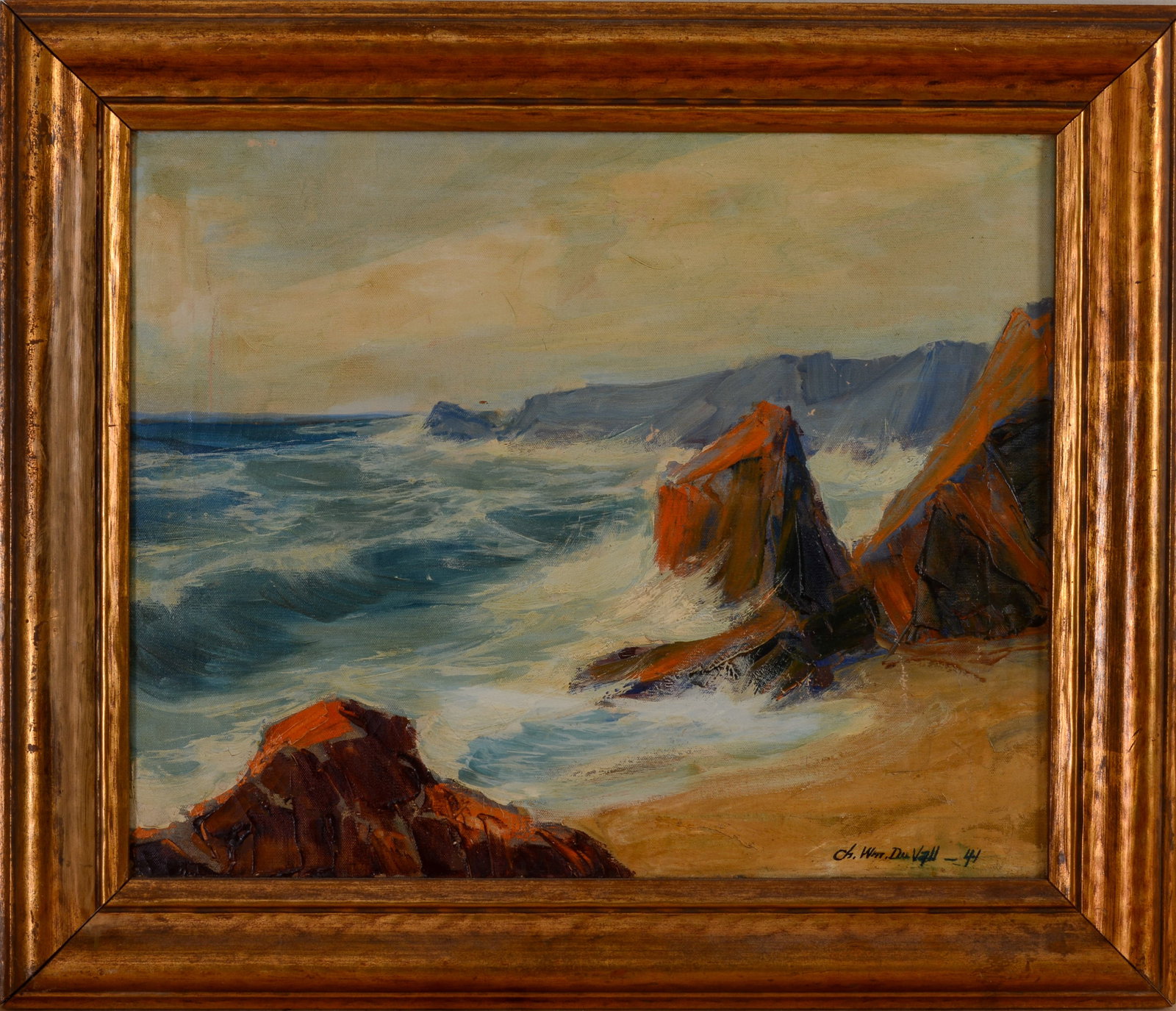 CHARLES WILLIAM DUVALL (1864 - 1941). CRASHING SURF.: Framed oil on canvas, signed and dated 1941 lower right. Sight 18 x 22 inches. Frame 24 x 28 inches.