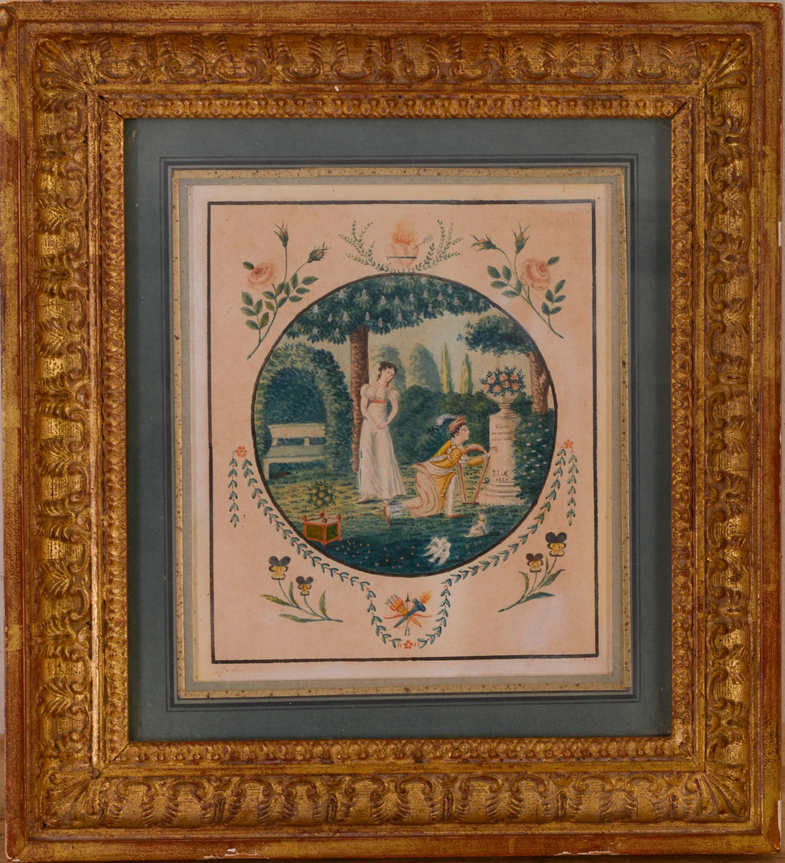 FRENCH MOURNING PAINTING.: Nicely framed watercolor on paper, dated 18266. Sight 5 x 5.75 inches. Frame 11.5 x 10.5 inches.