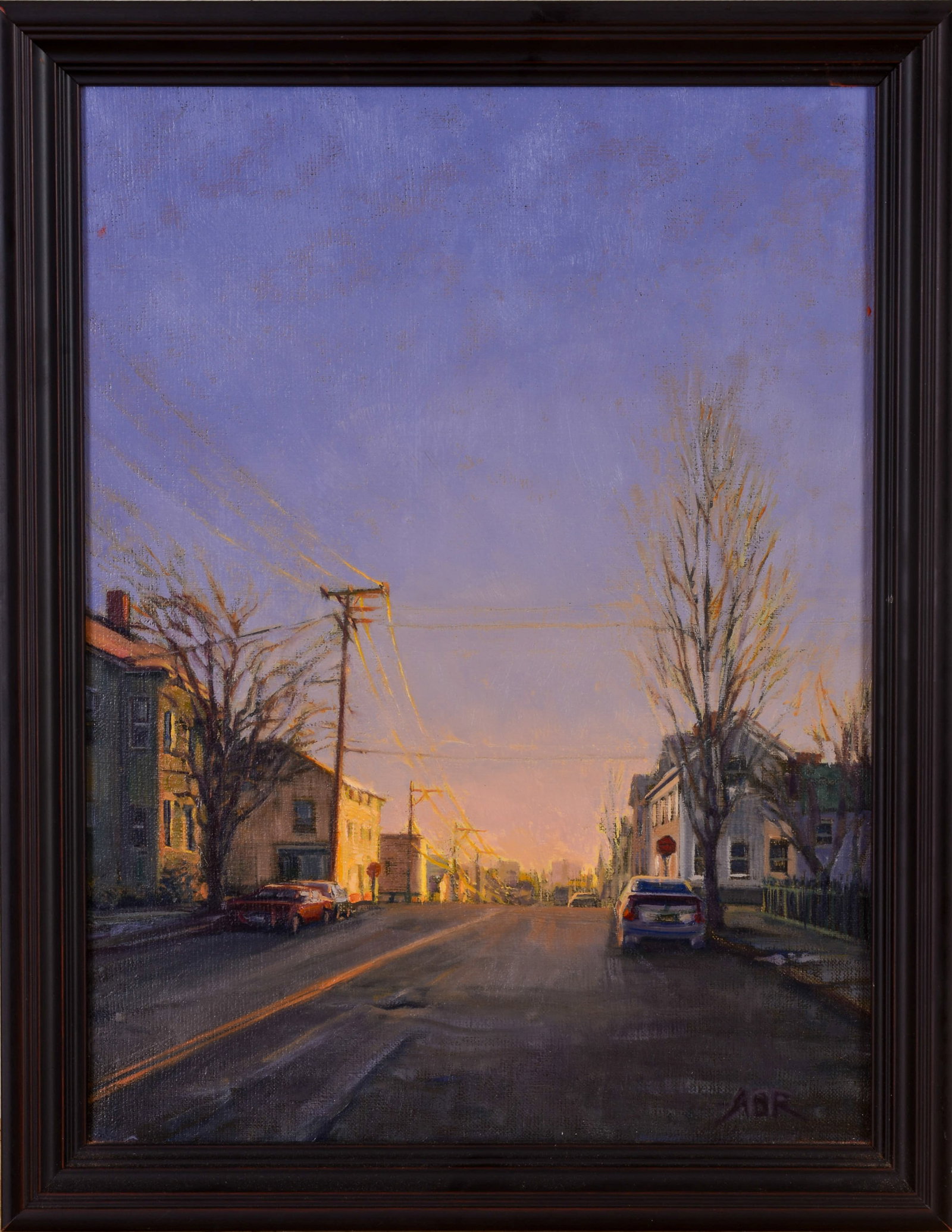 ALISON RECTOR (MAINE CONTEMPORARY). JANUARY EVENING (NORTH & CUMBERLAND).: Framed oil on linen, Greenhut Galleries label on verso. Sight 12 x 16 inches. Frame 18 x 14 inches.