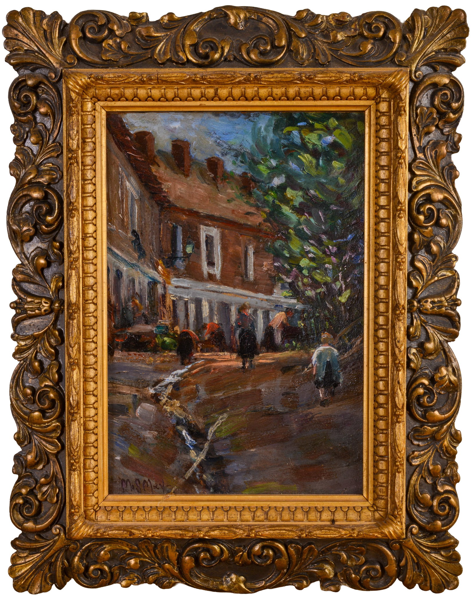 M STANNARD MAY (EARLY 20TH CENTURY). VILLAGE SCENE.: Framed oil on board. Sight 11.5 x 8.125 inches.