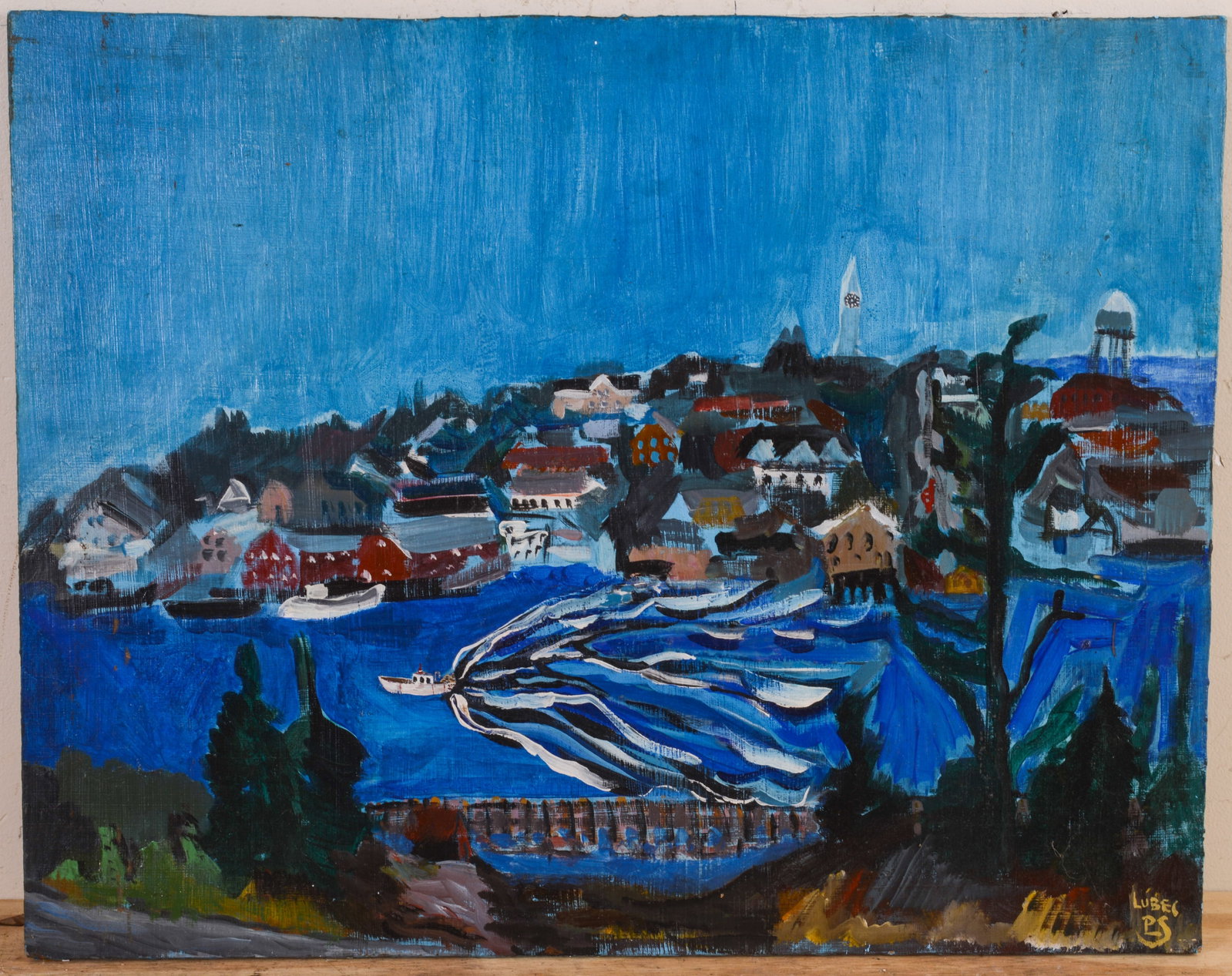 MID-CENTURY IMPRESSIONIST PAINTING OF LUBEC.: Oil on masonite, 18 x 23 inches.