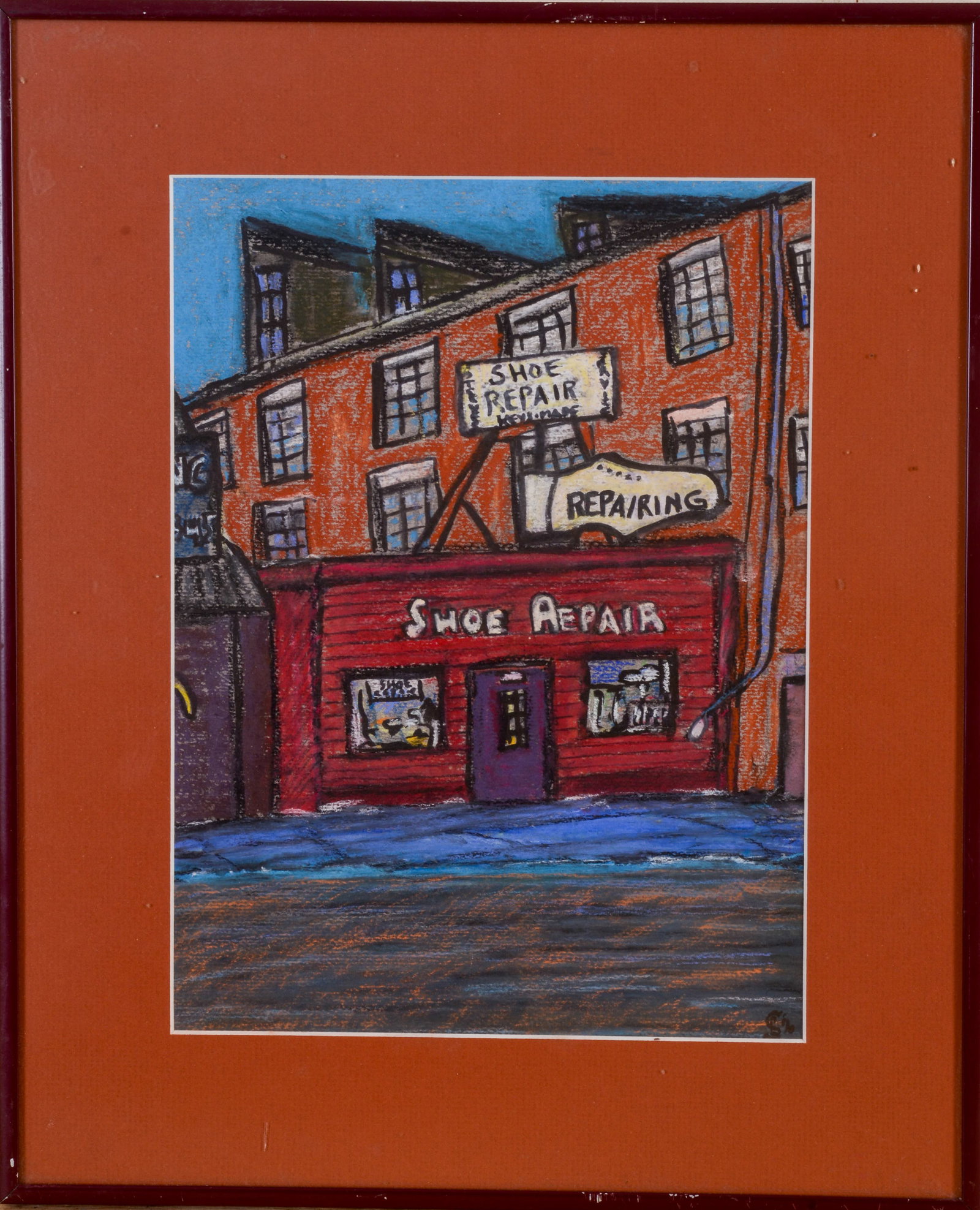 MID-CENTURY PAINTING OF PORTLAND, MAINE, SHOE REPAIR SHOP.: Conte crayon. Frame 16 x 13 inches.