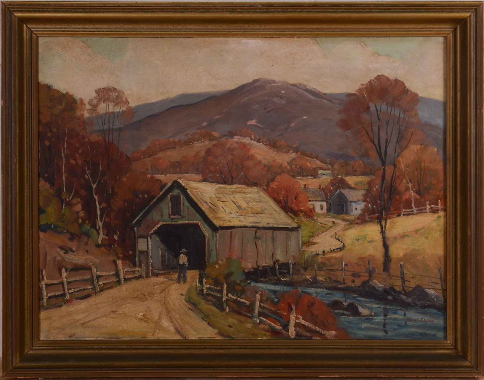 HELEN CLARK. VERMONT COVERED BRIDGE.: Framed oil on board. Sight 18 x 24 inches. 