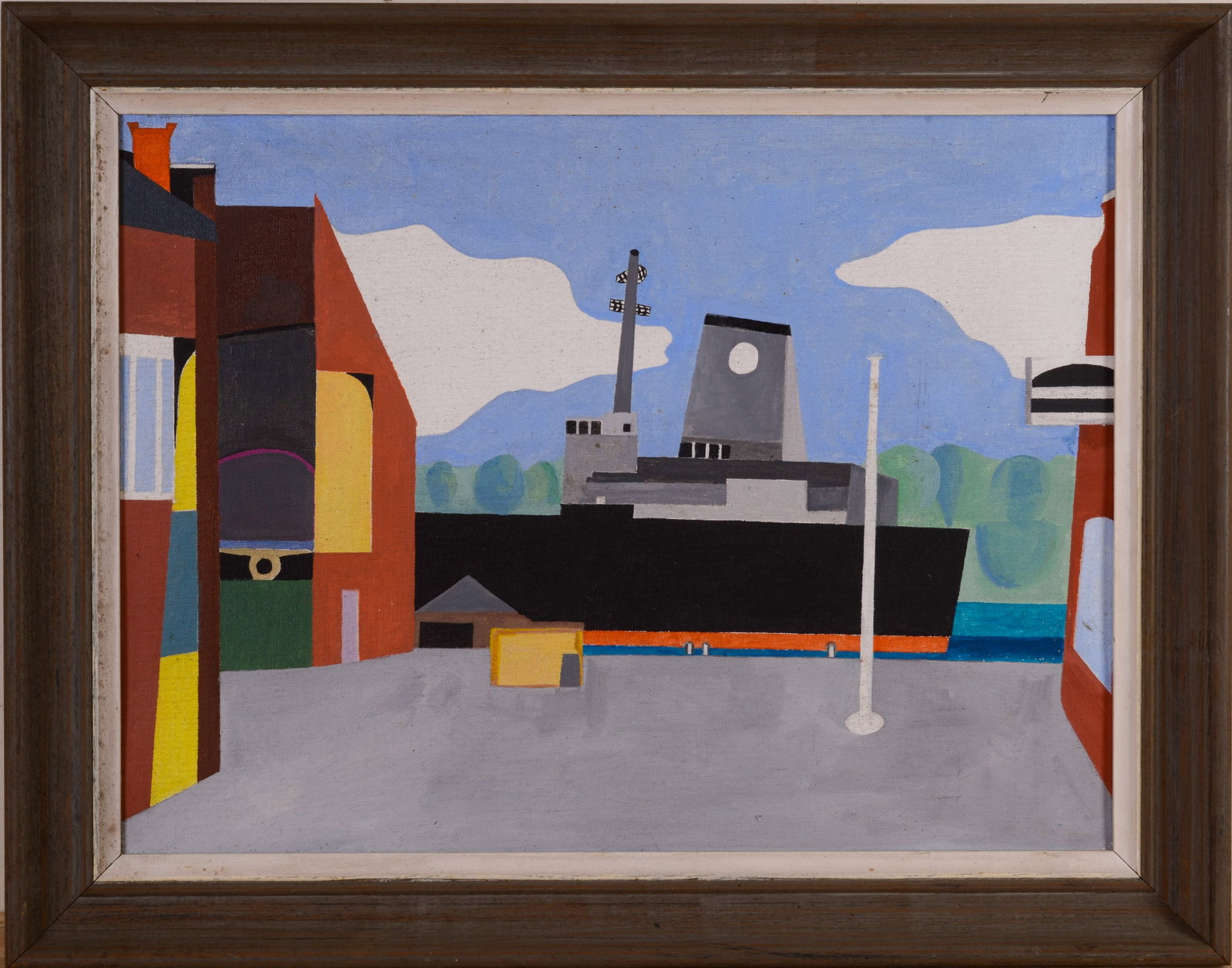 MODERNIST SHIPYARD SCENE.: Framed oil on board. Sight 18 x 24 inches. 