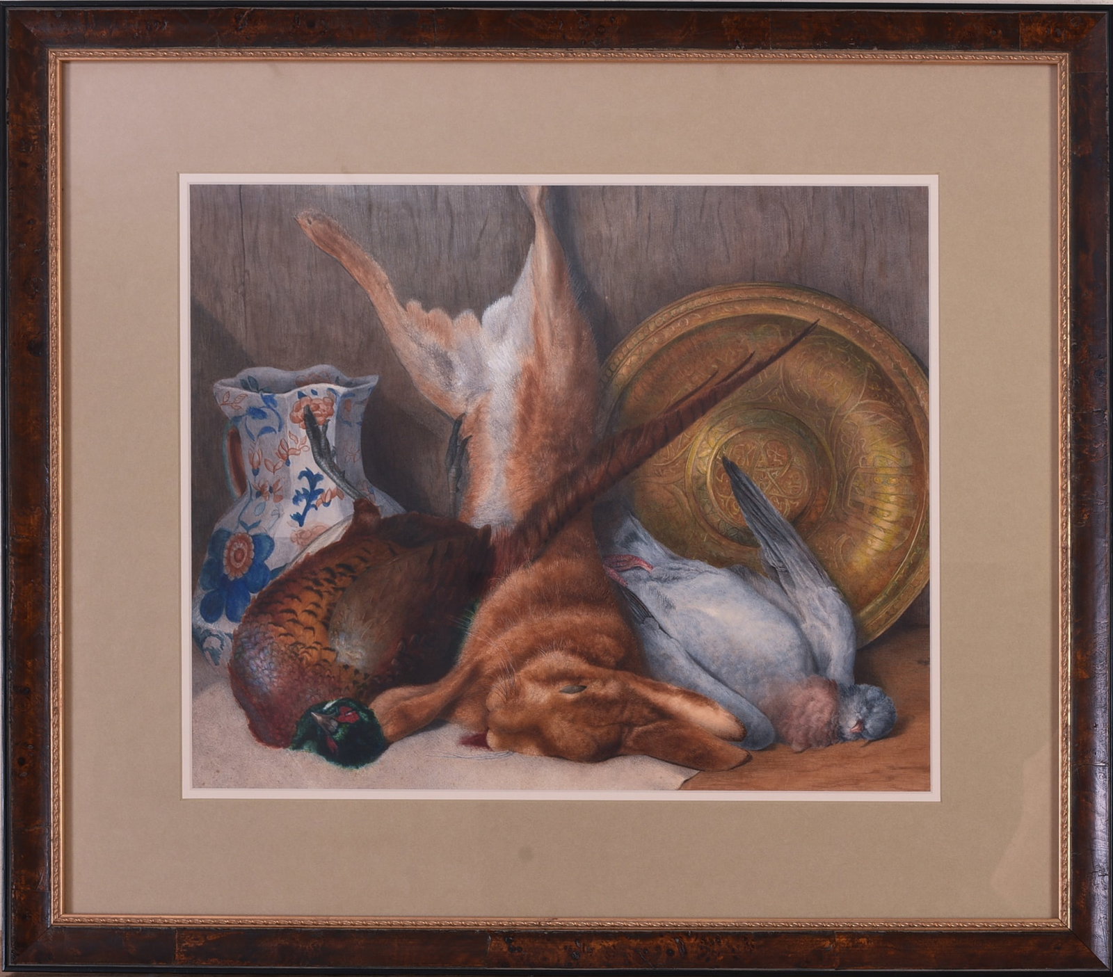 STILL LIFE WITH RABBIT AND GAME BIRDS.: Framed watercolor on paper. Sight 15.5 x 18.75 inches. Frame 25 x 28.5 inches.