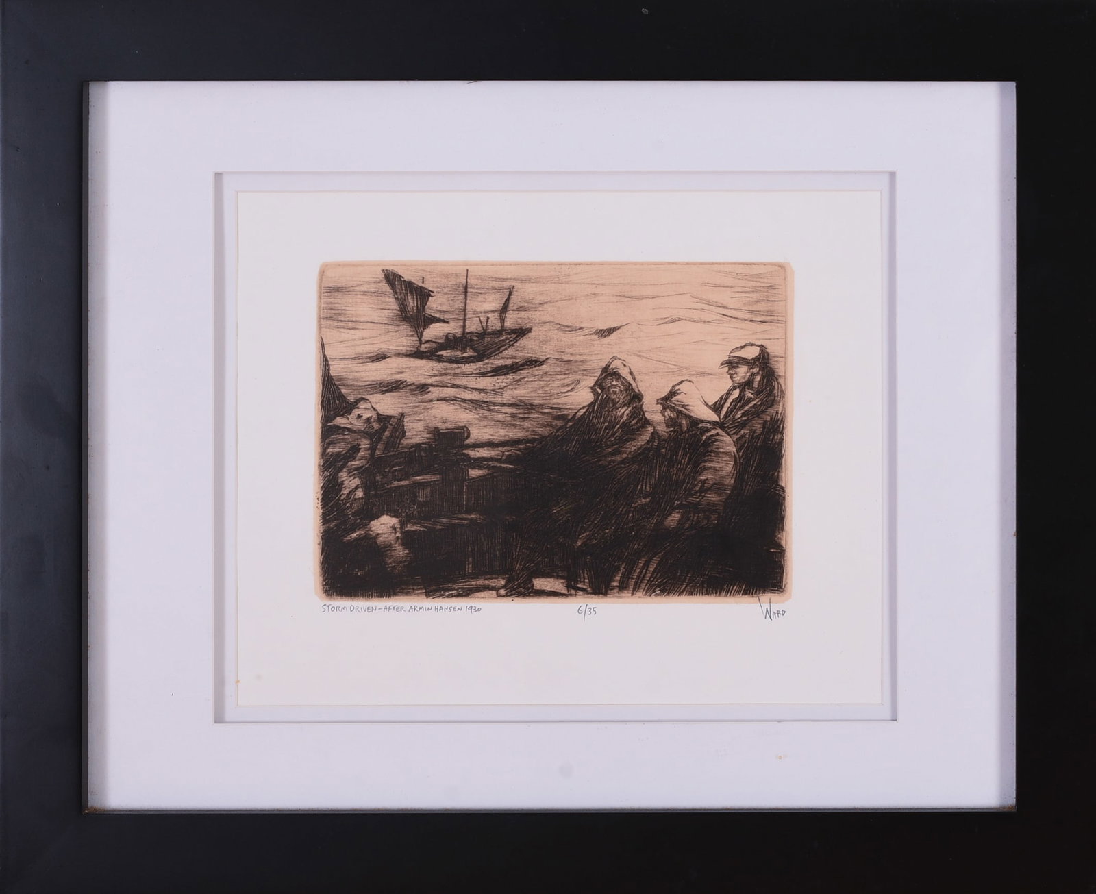 JUSTIN WARD. STORM DRIVEN, AFTER ARMIN HANSEN.: Framed engraving, pencil signed. Image 5 x 7 inches. Frame 13 x 16 inches.