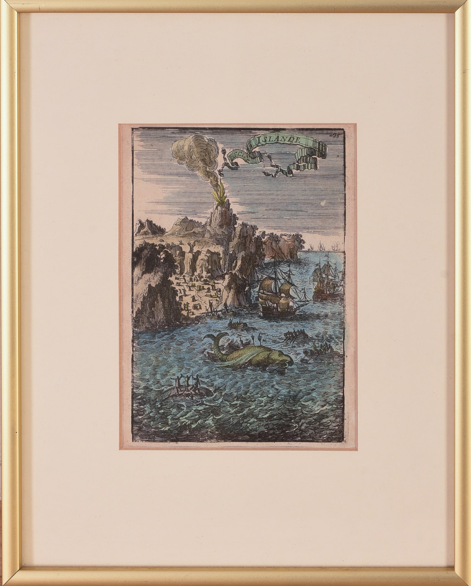 19TH CENTURY HAND-COLORED WHALING ENGRAVING.: Image 5.5 x 3.75 inches. Frame 10.5 x 8.25 inches.
