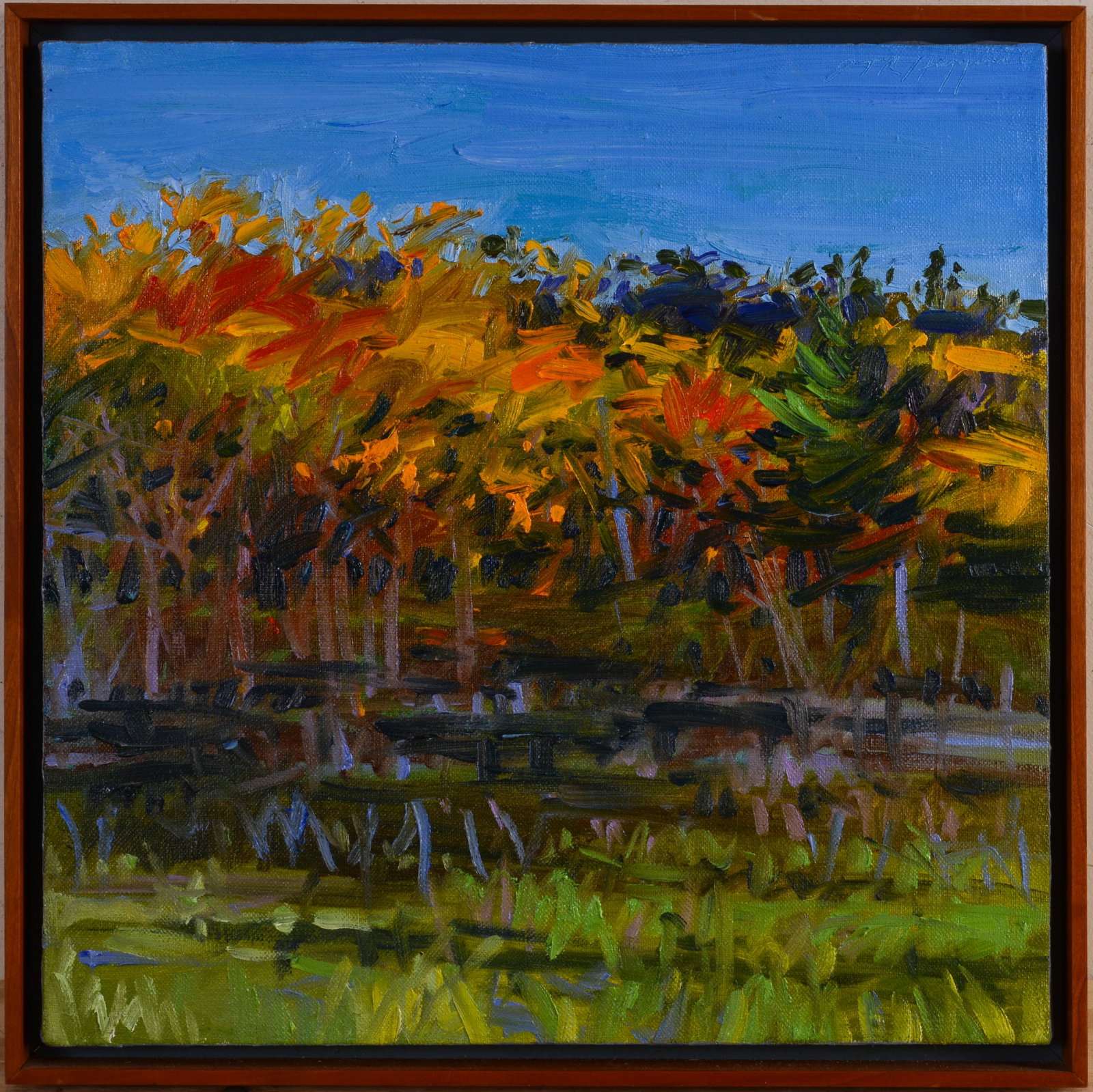 THOMAS HIGGINS (B. 1943). BOG IN OCTOBER.: Framed oil on linen, Greenhut Galleries label on verso. Sight 16 x 16 inches.
