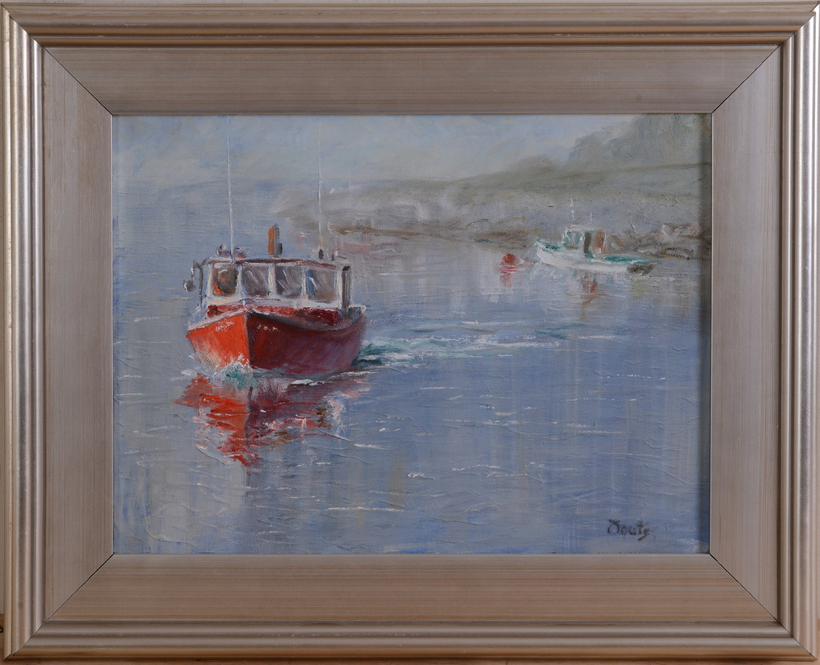 DAVID PERRY FOUTS. LOBSTER BOAT.: Framed oil on canvas, signed lower right. Sight 12 x 16 inches.