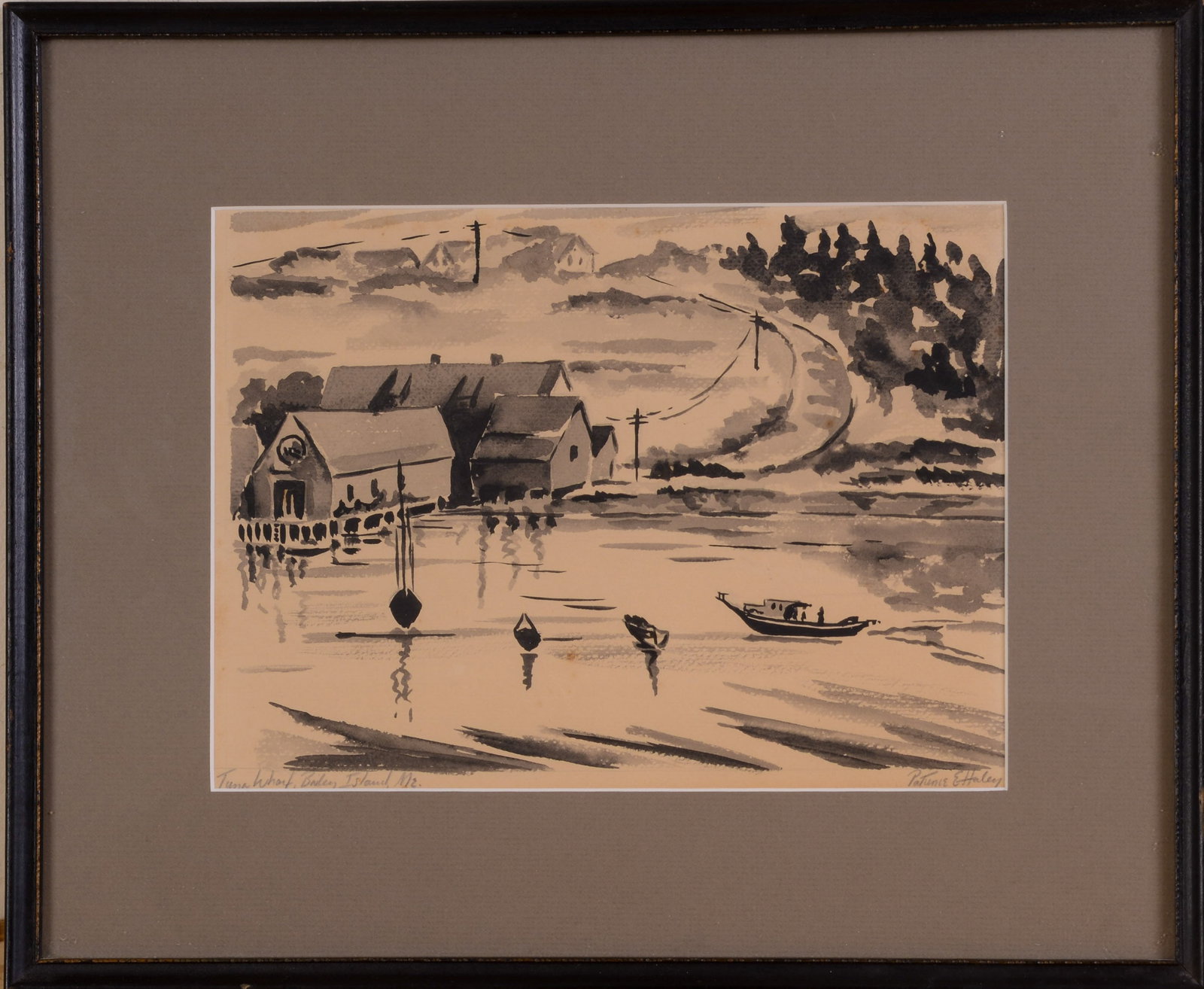 PATIENCE HALEY. TUNA WHARF, BAILEY ISLAND, MAINE.: Framed ink and wash on paper, pencil signed and titled. Sight 8 x 11 inches. Frame 13.75 x 16.5 inches. 