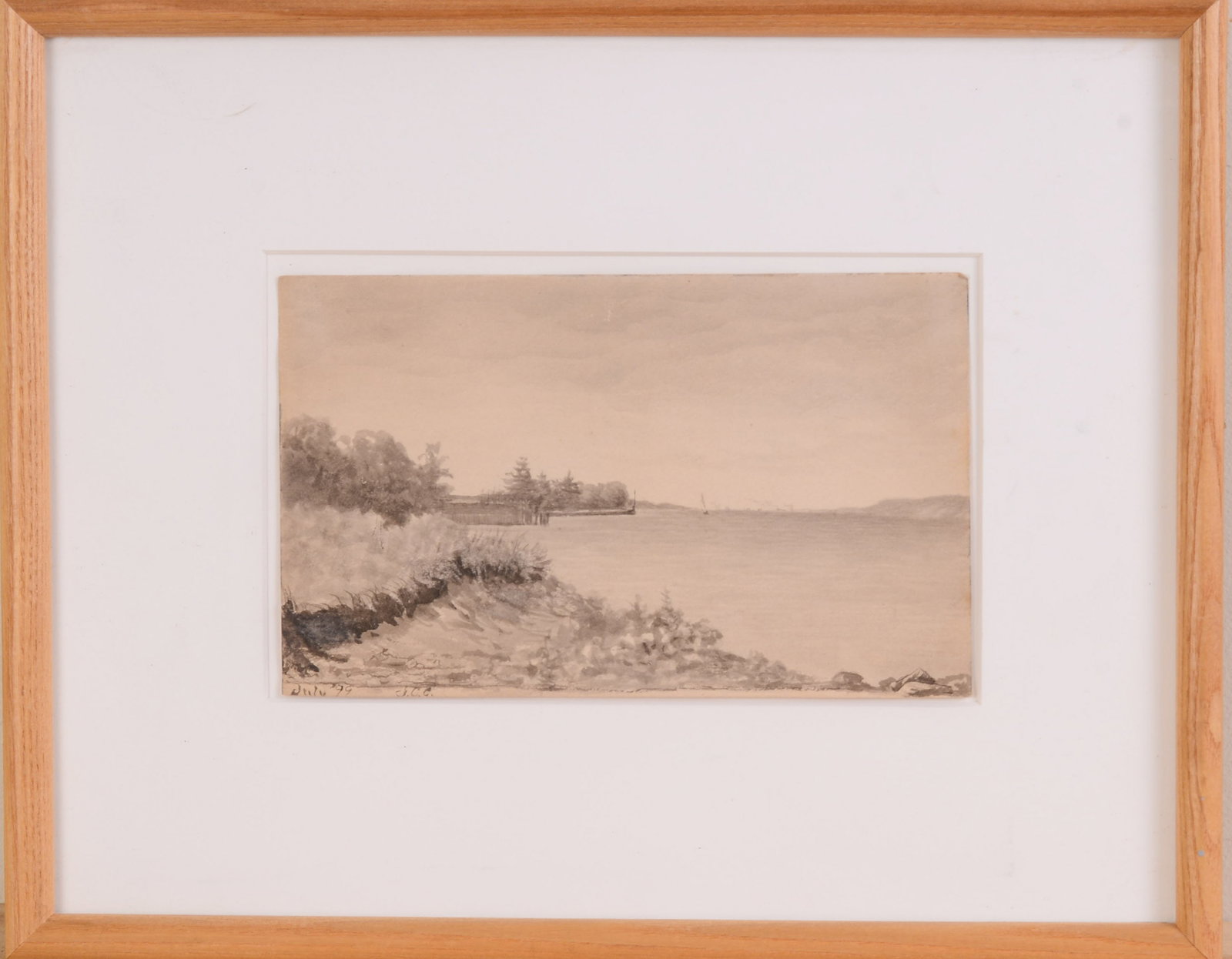1899 MAINE COAST PENCIL AND WASH DRAWING.: Signed J.C.C. and dated. Sight 5.25 x 8.25 inches. Frame 11.75 x 14.75 inches.
