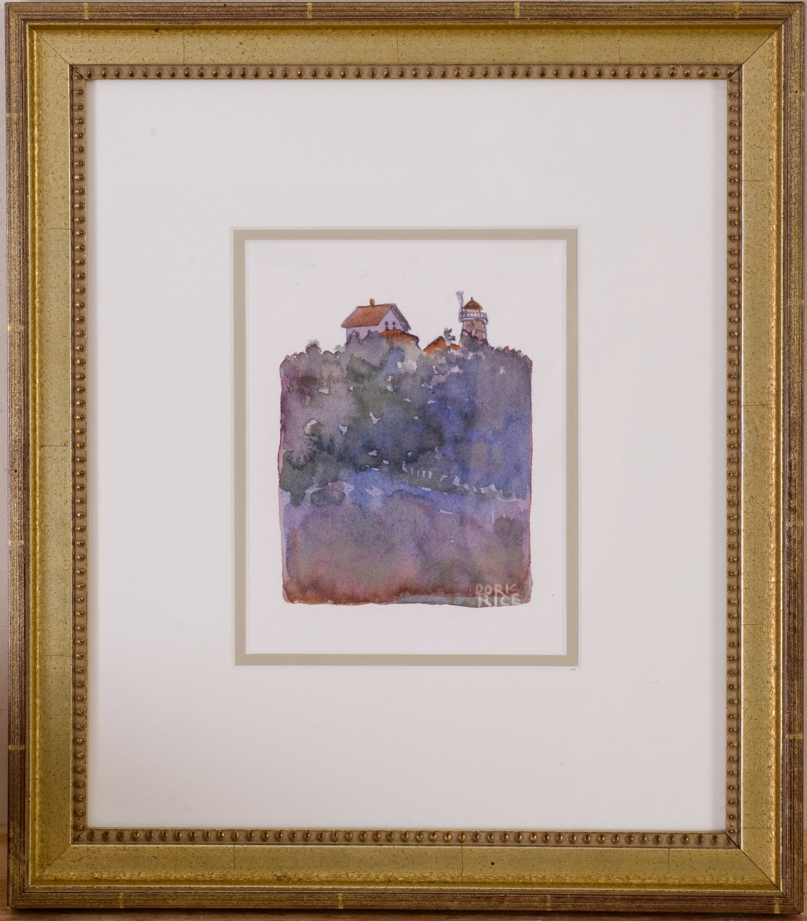 DORIS RICE. MAINE LIGHTHOUSE.: Framed watercolor on paper. Frame 15.5 x 13.5 inches.