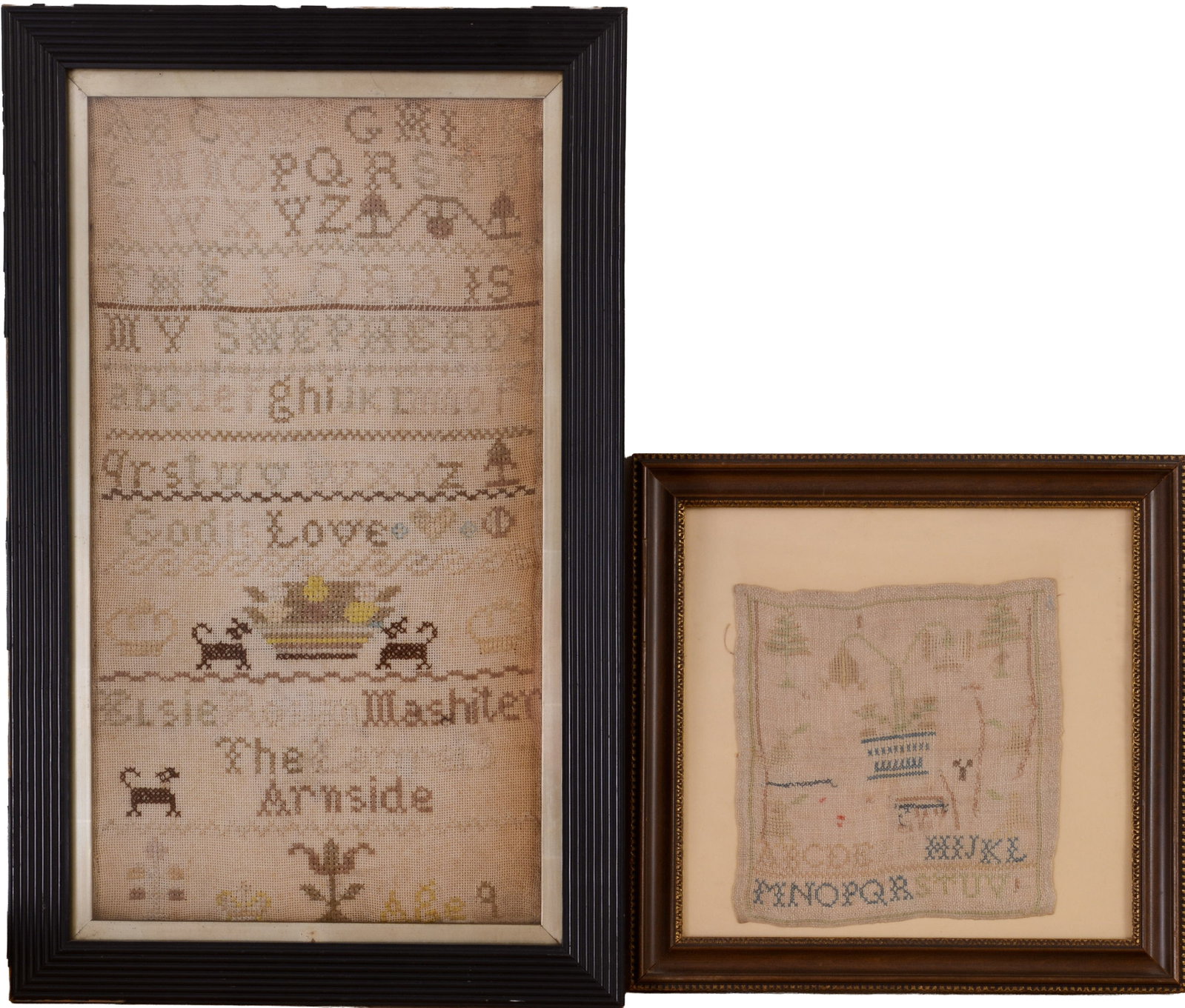 TWO 19TH-CENTURY SCHOOLGIRL SAMPLERS.: 8 x 7.75 and 19.5 x 10.5 inches. Both framed. Some fading.