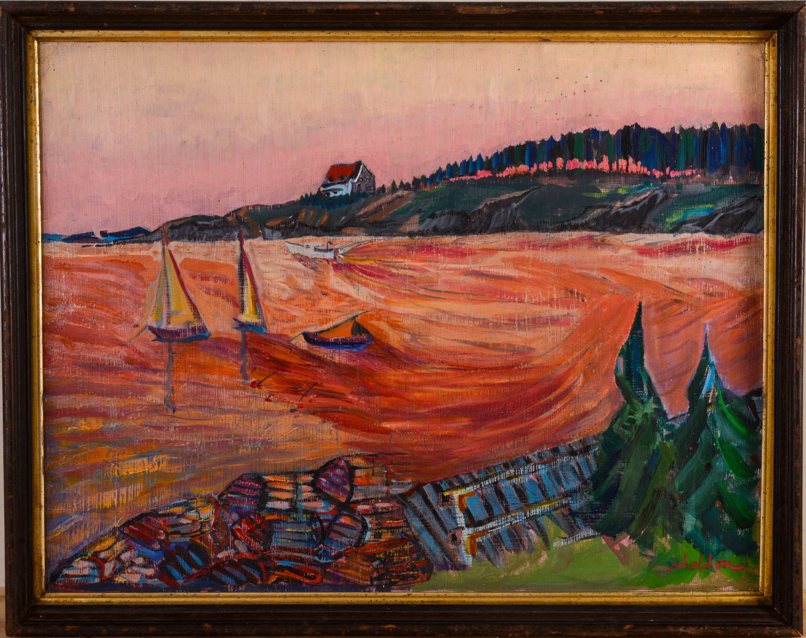 MID-CENTURY IMPRESSIONIST MAINE HARBOR SCENE.: Framed oil on masonite, signed Sheldon. Sight 17 x 22 inches.