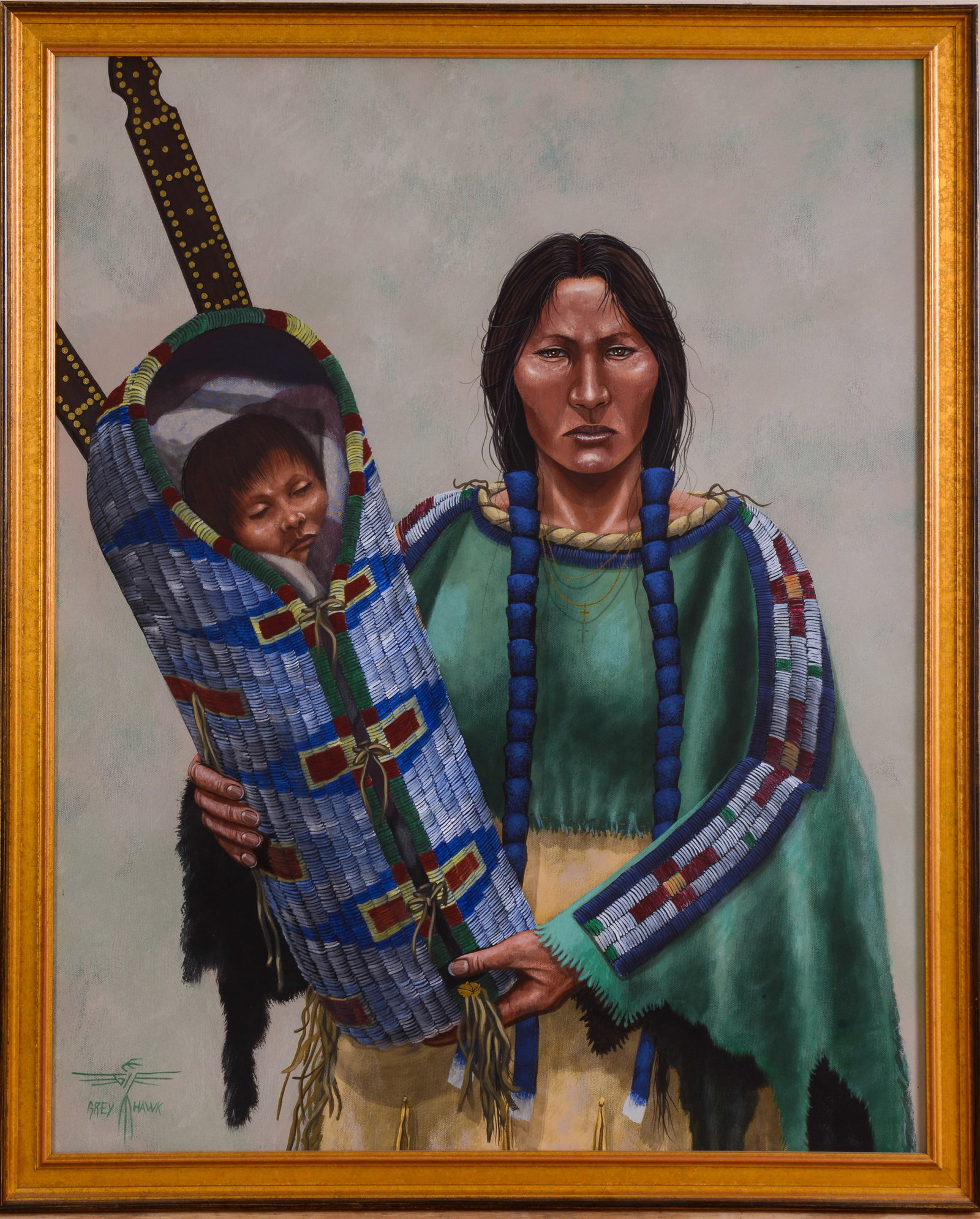 JOHN GREY HAWK. NATIVE AMERICAN MOTHER AND CHILD.: Framed oil on canvas. Sight 30 x 24 inches. 