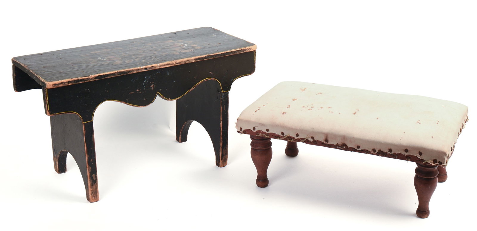 TWO ANTIQUE FOOTSTOOLS.: One in black paint, 10.5 x 18 x 7.5 inches, the other in red paint.